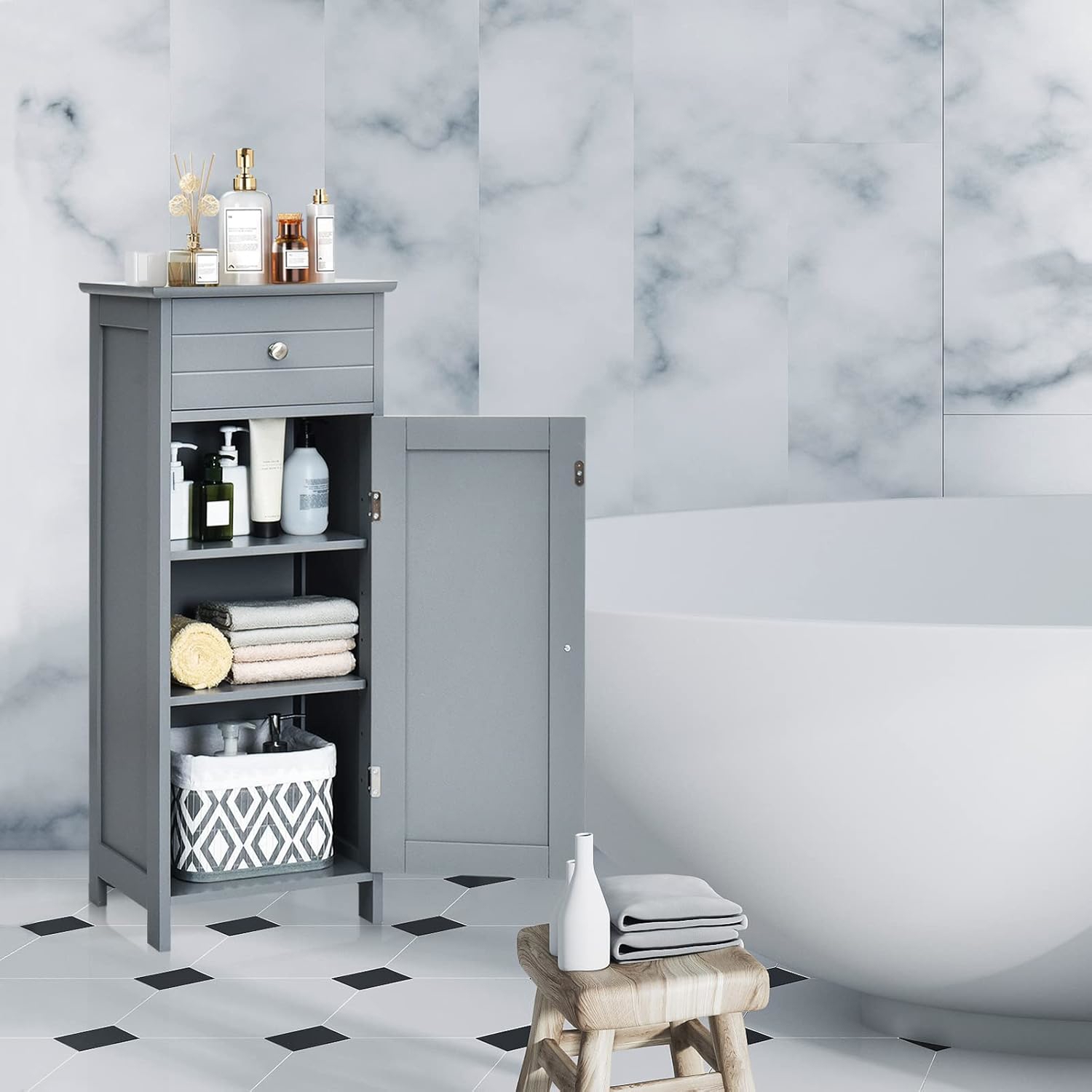 Image of Storage Cabinet For Bathroom, Mdf Stand With Drawer And 2 Adjustable Shelves For Living Room, Kitchen And Hallway, 35 X 30 X 87 Cm