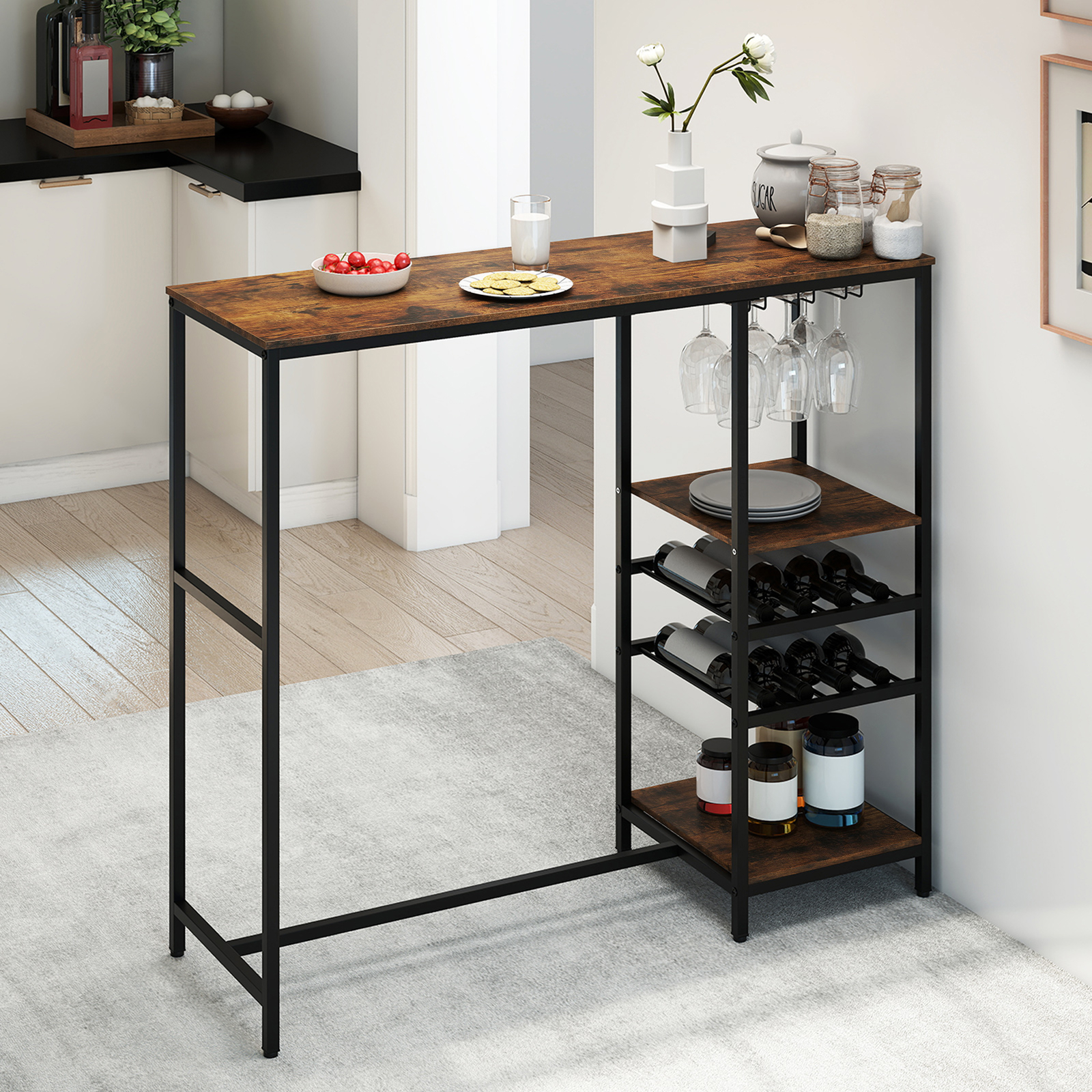 Bar Table, Storage Furniture With Spacious Tops, Open Shelves And 2 Cupboards Under