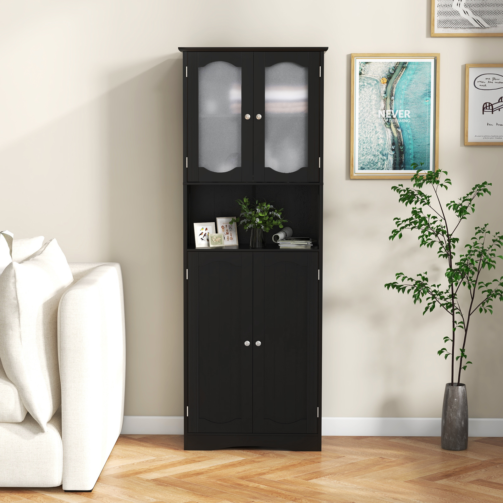 Tall Storage Cabinet, Bathroom Storage Cabinet With Tempered Glass Doors, Adjustable Shelves, 2/3 Open Compartments, For Bathroom, Kitchen