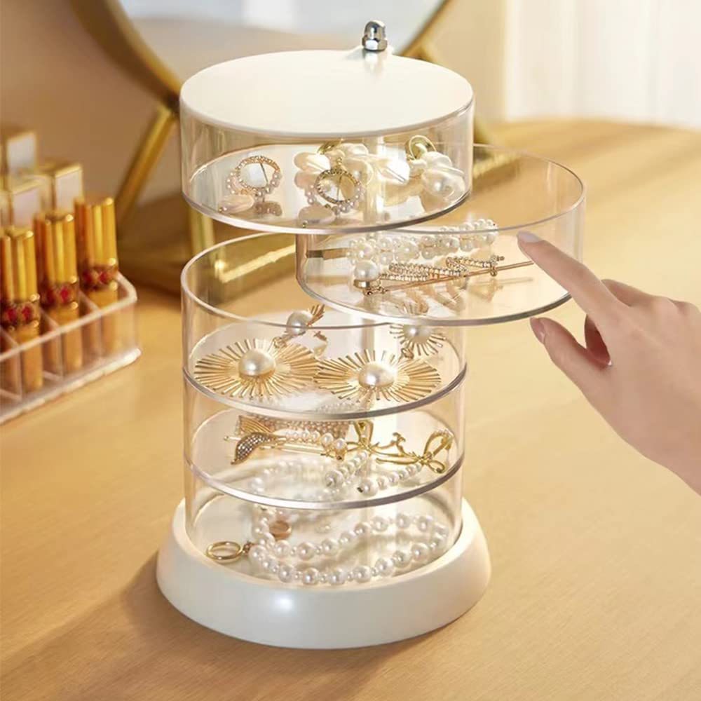 E-shop 5-Schicht rotierender Schmuck-Organizer - transparente anti-oxidationsbeständige Aufbewahrung für Haarzubehör und Ringe, weißer