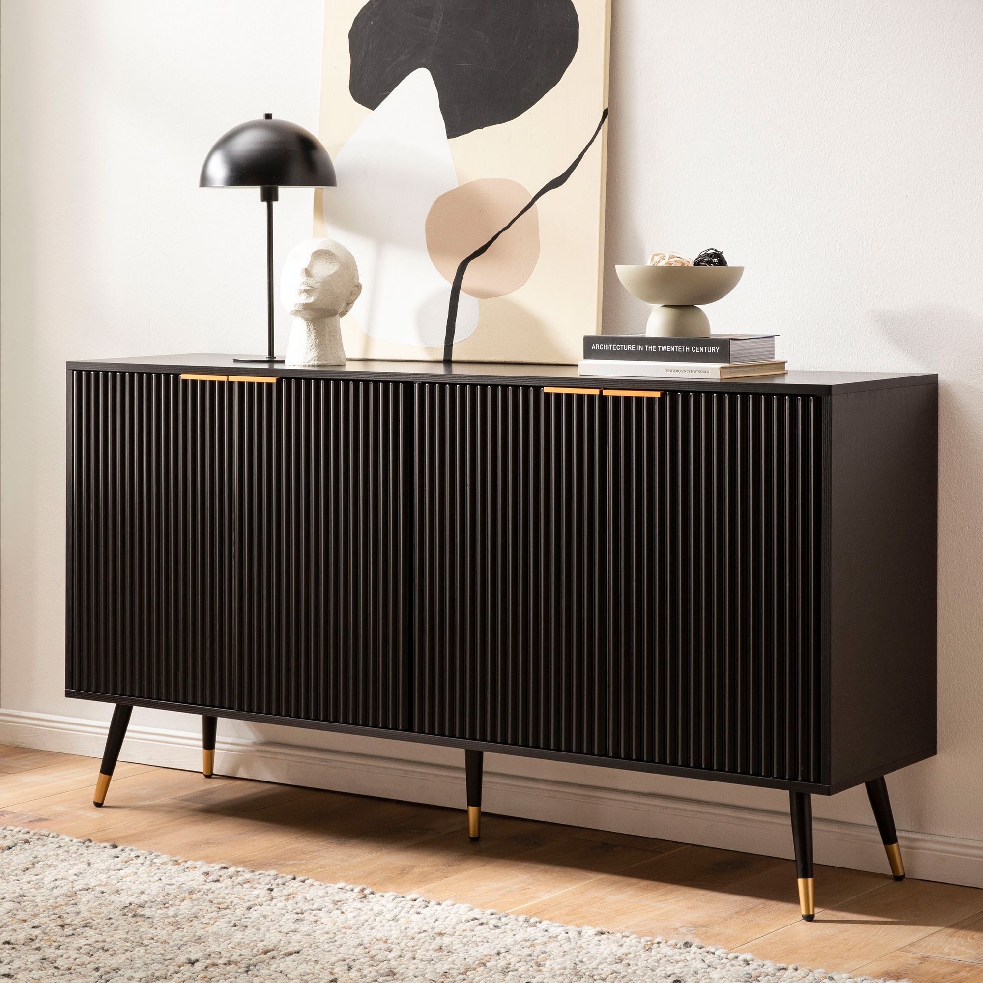 E-shop Sideboard 150x81x39 cm Anrichte Schwarz mit Eiche-Dekor, Kommode mit Türen, Kommodenschrank Flurschrank Modern, Standschrank Wohnzimmer
