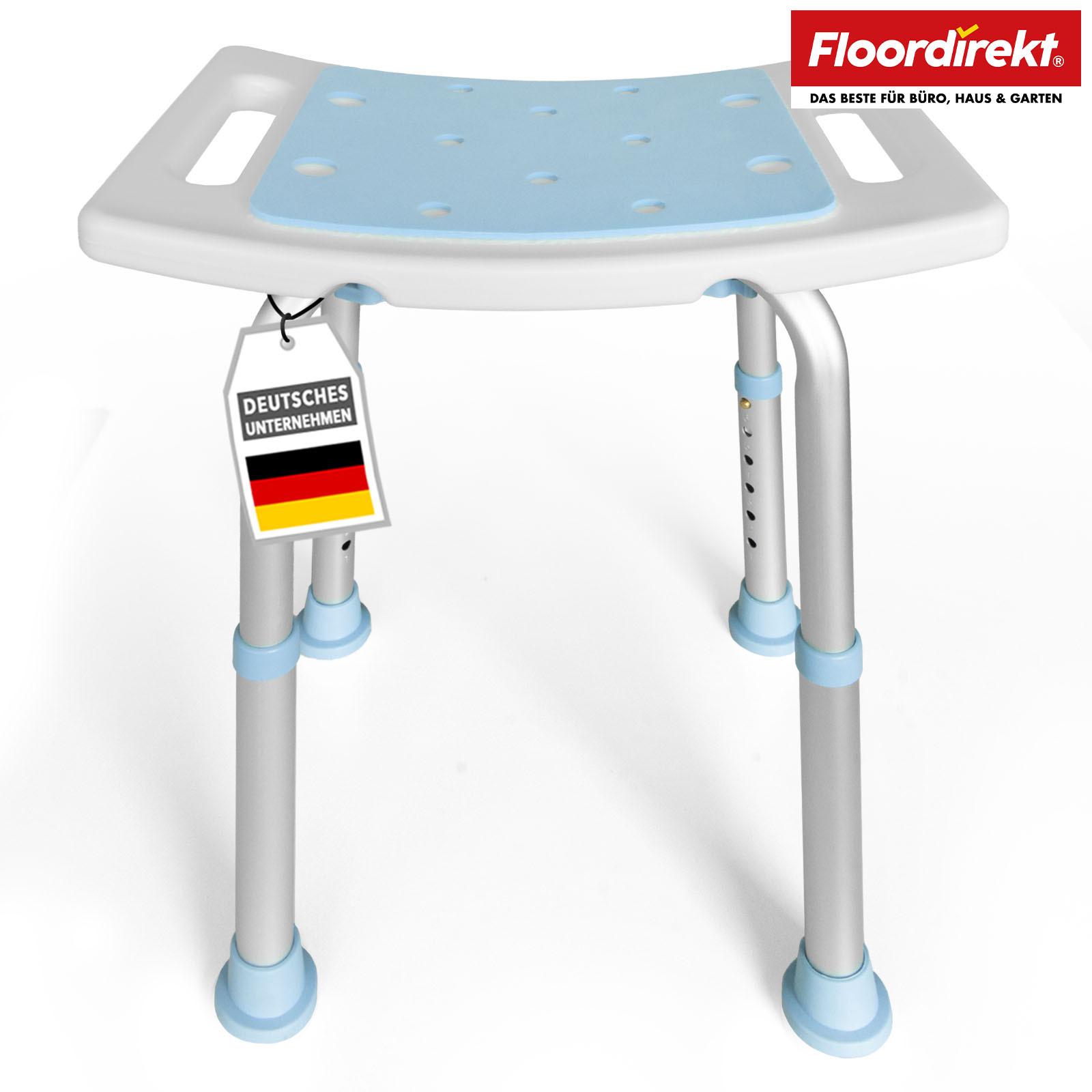 E-shop FLOORDIREKT Duschhocker Nora - Höhenverstellbar & Rutschfest - bis 136 kg Belastbar - Stabiler Badesitz für Dusche & Badewanne