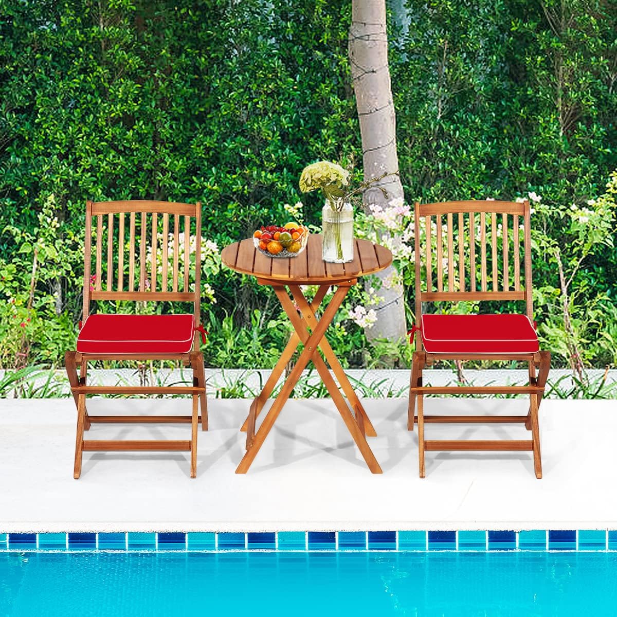 3 Pieces Set, Folding Dining Chairs With Coffee Table, Padded Cushion Seats