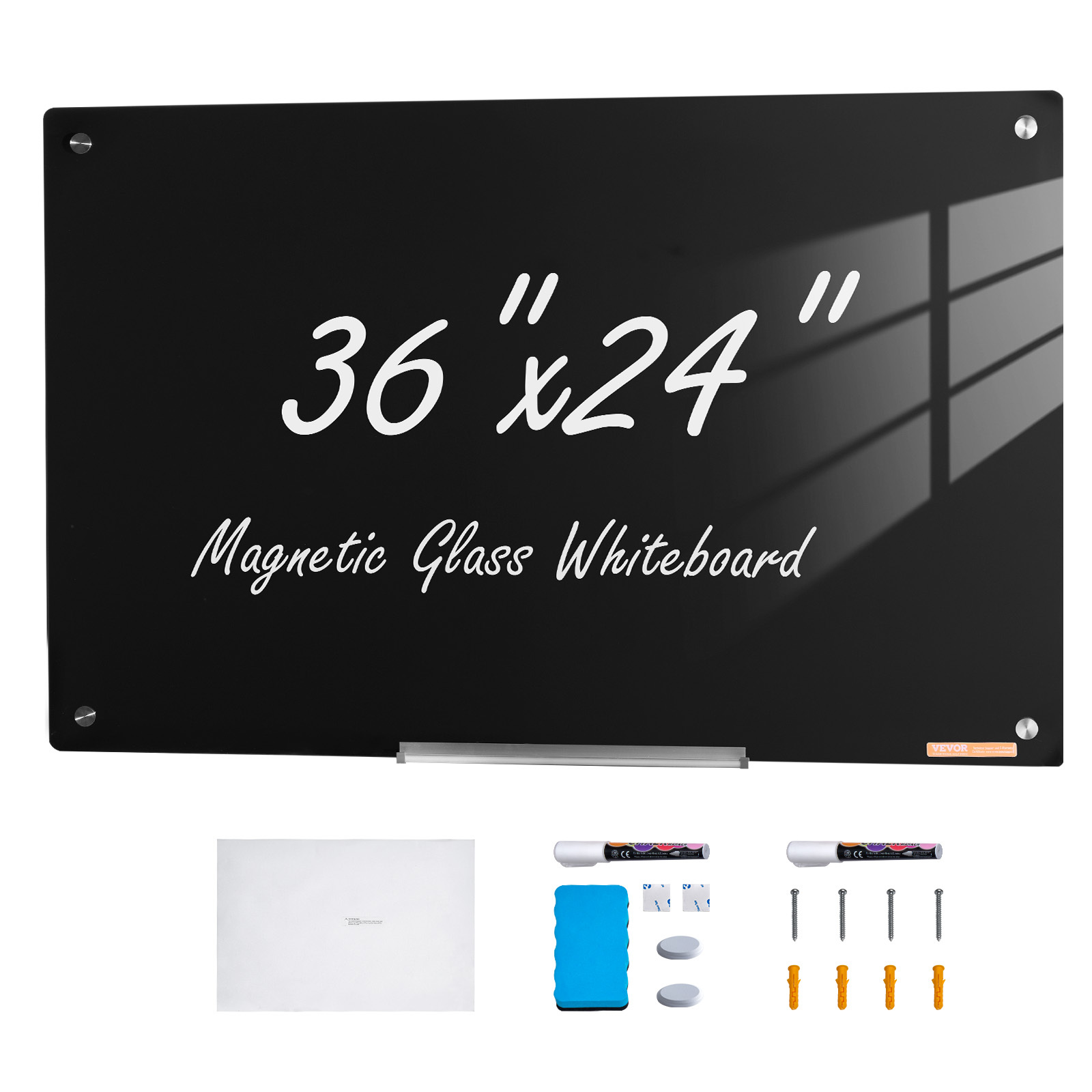 Image of Vevor Magnetic Glass Whiteboard, Dry Erase Board 36"x24", Wall-mounted Large White Frameless, With Marker Tray, An Eraser And 2 Markers, Black