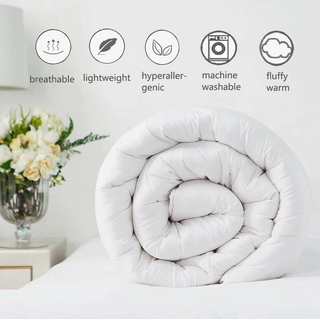 BEST HOTEL QUALITY DUVET QUILT POLYPROPYLENE OUTER COVER PLYSTER FILLED SINGLE DOUBLE KING SUPER-KING ALL SIZE 4.5 10.5 13.5 15 TOG WHITE DUVET WINTER WARM EXTRA WARM Striped Breathable King Size Washable White