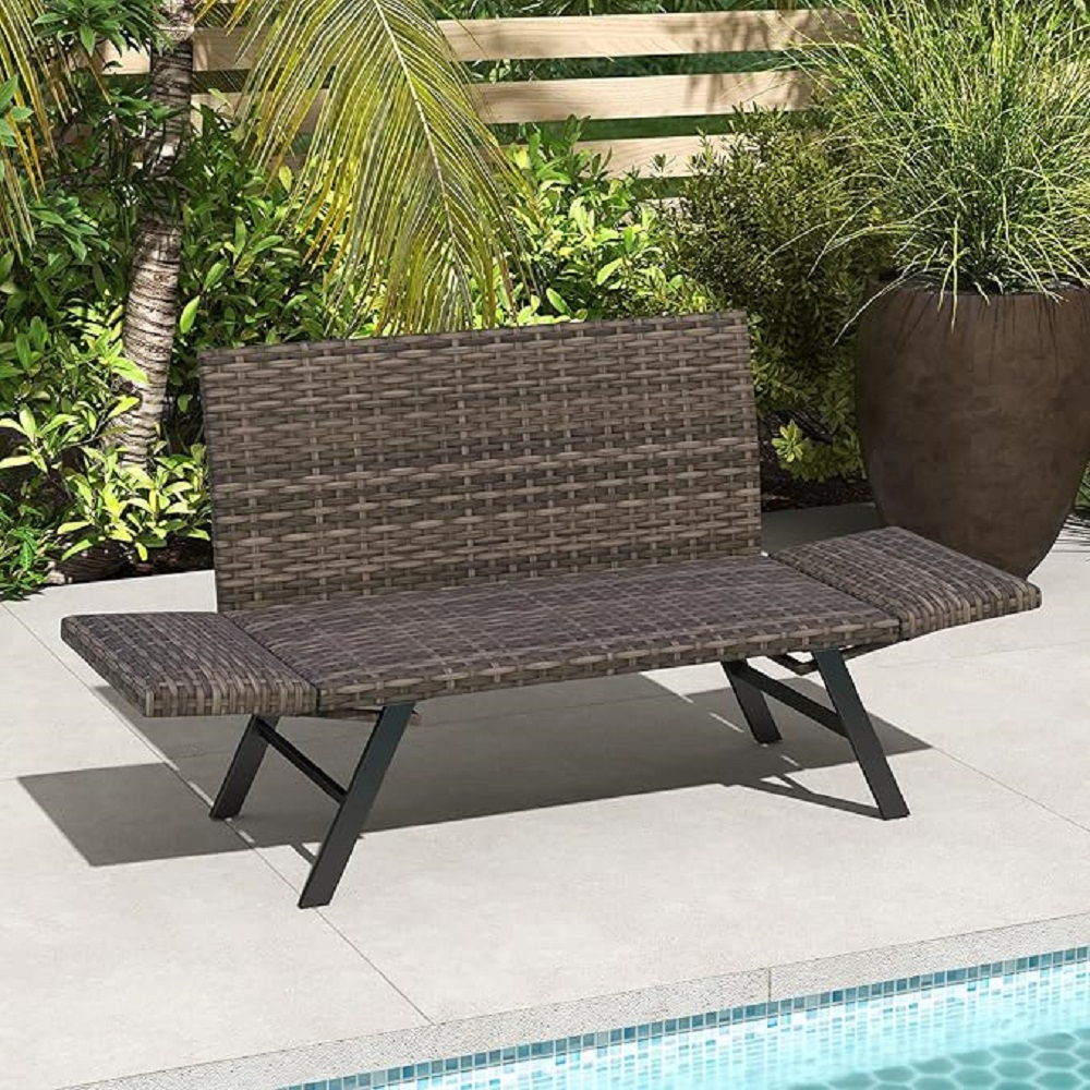 Garden Bench Polyrattan, 2 Seater Bench With Reclining Function Adjustable Armrests, Comfortable Garden Bench