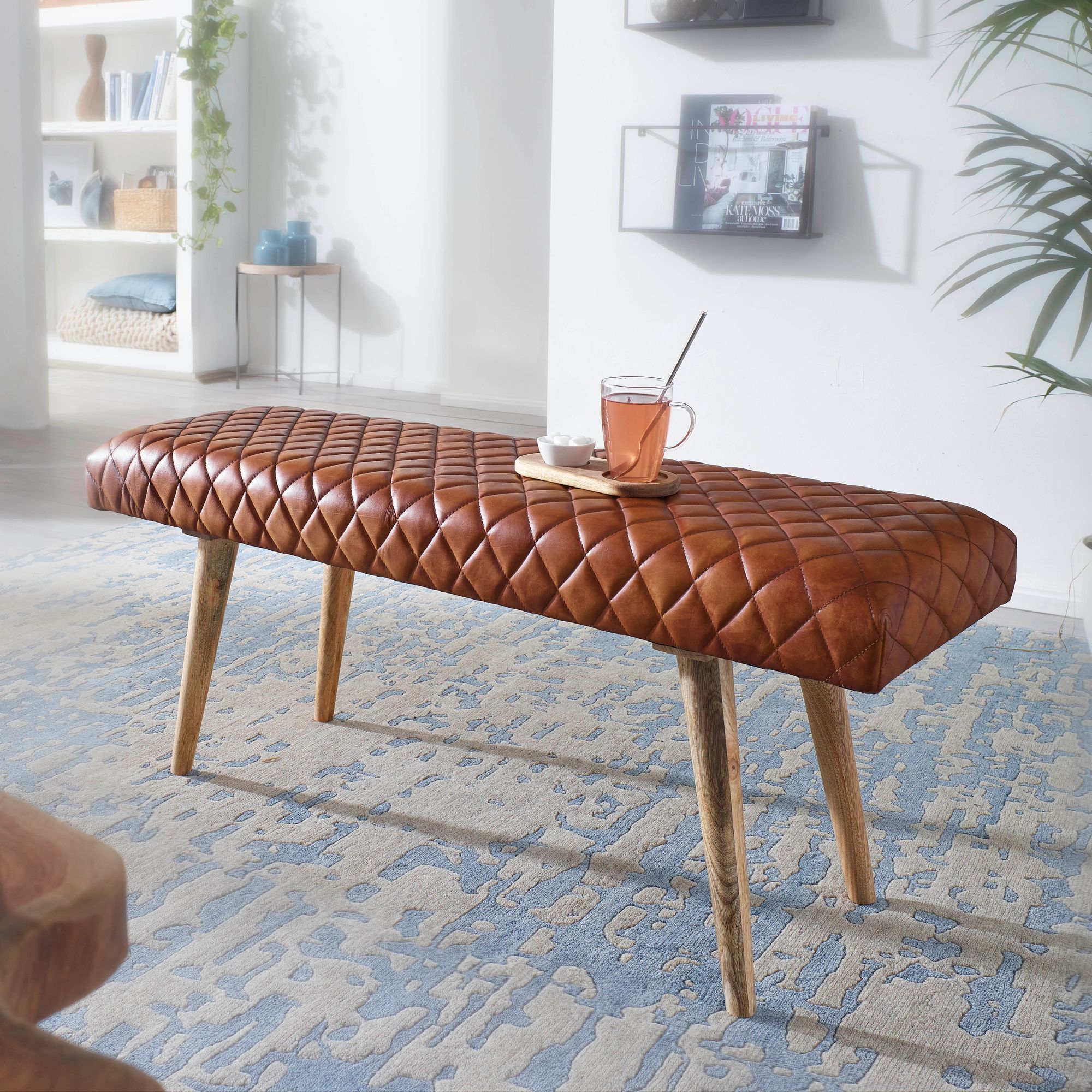 Genuine Leather / Solid Wood Bench 115x53x38 Cm, 2-piece Upholstered Bench For Hallway Dining Room, Brown, Small Leather Daybed Bench, Hallway Bench With Plank