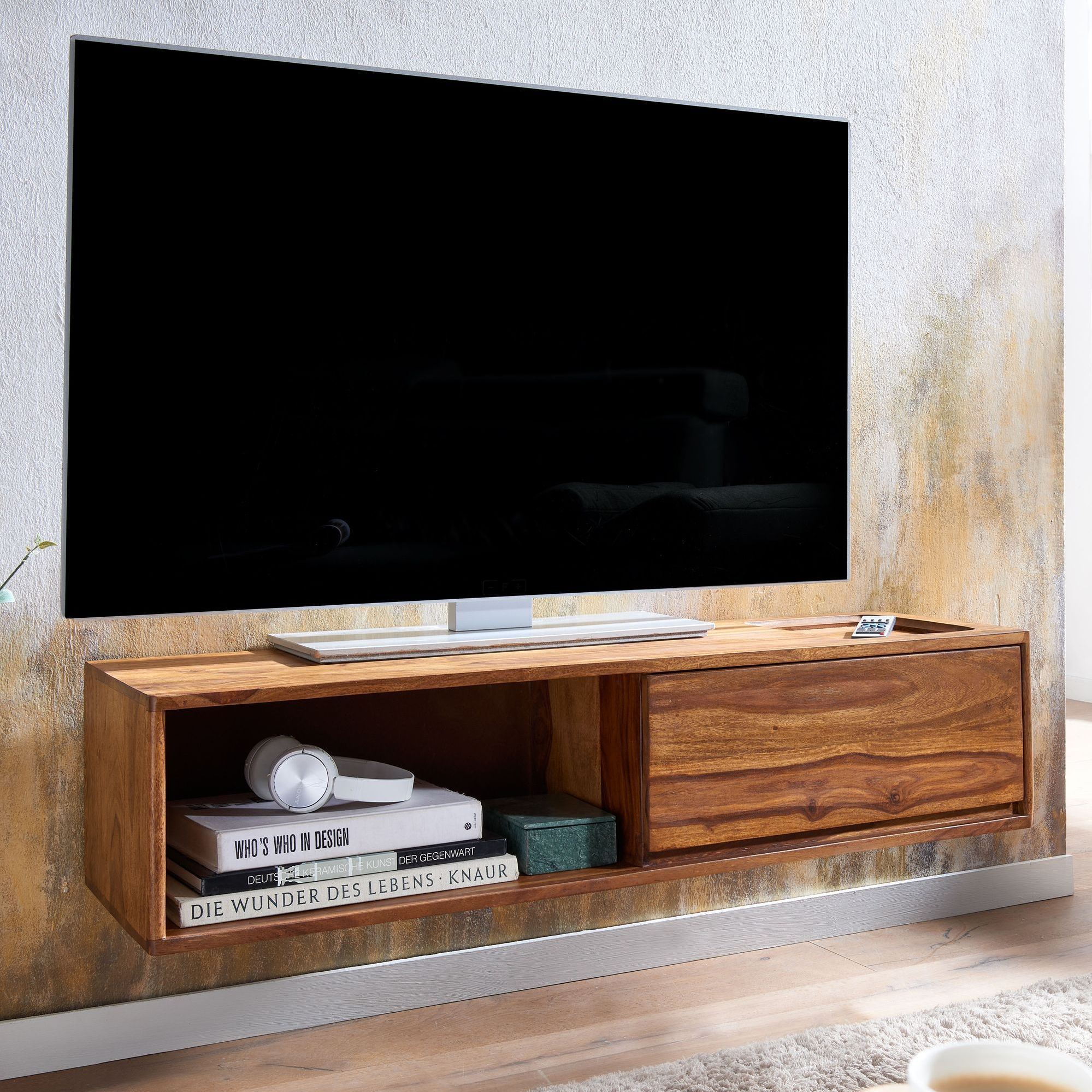 Image of Lowboard Hanging Sheesham Solid Wood 108x25x34 Cm Tv Cabinet Brown, Design Tv Stand With Storage, Modern Cabinet, Tv Dresser Tv Cabinet For Hanging