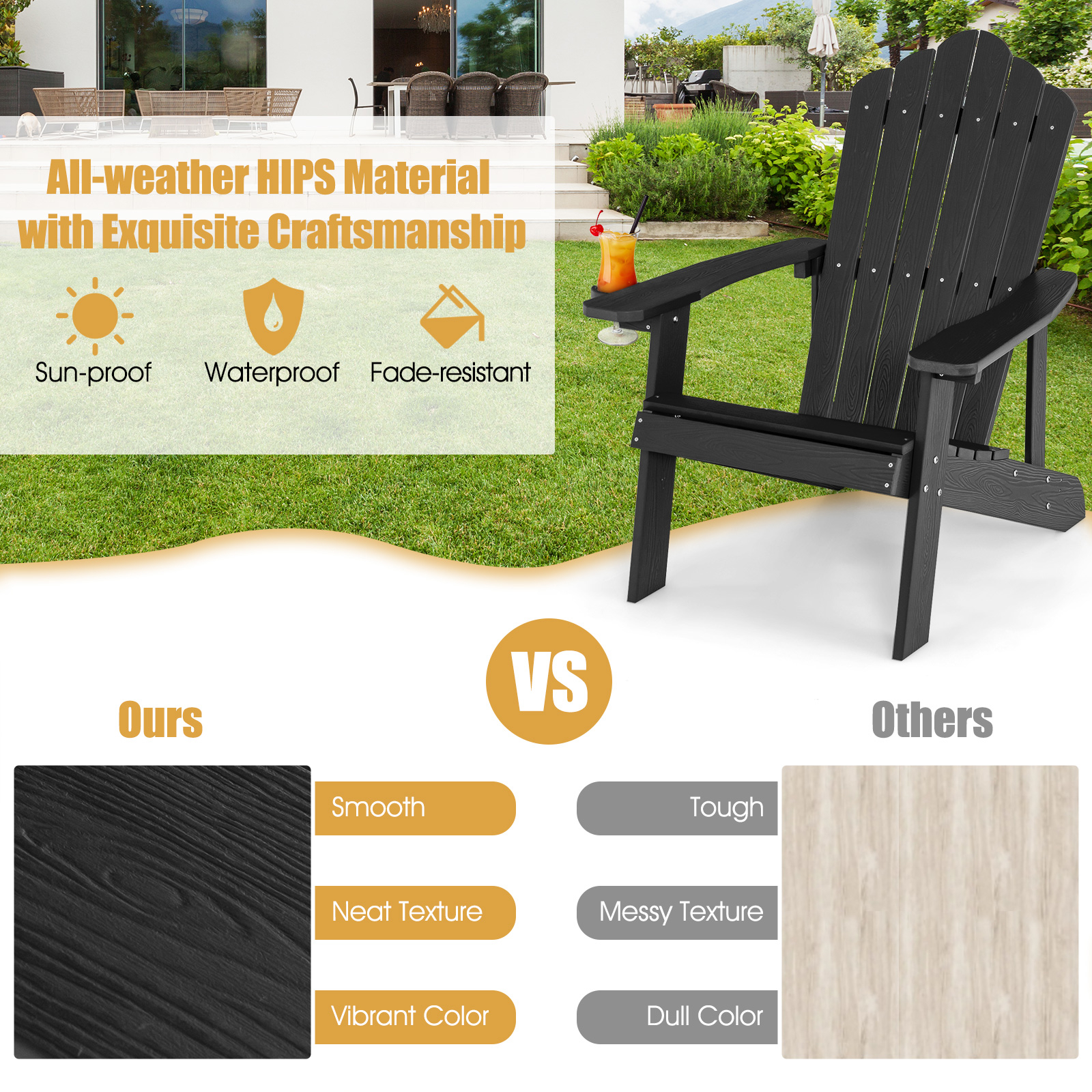 Garden Chair With Drink Holder, Garden Chair With Comfortable Backrest And Wide Armrests, Garden Chair For Garden, Patio, Fire Pit, Balcony (black)