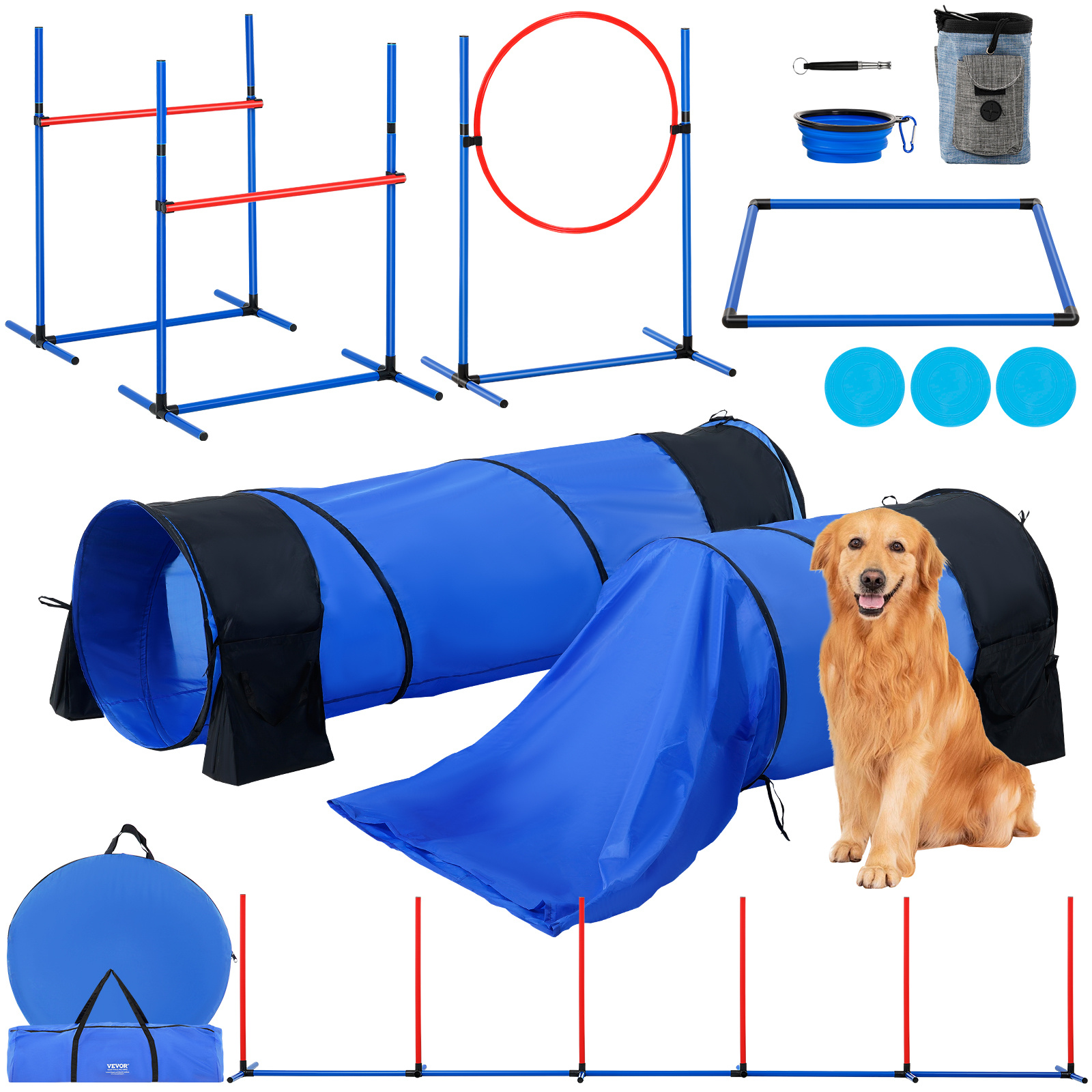 E-shop VEVOR Hundehindernislauf-Trainingsausrüstung 7-teiliges Set mit Hindernissen, 2 Tunneln und Sprungring