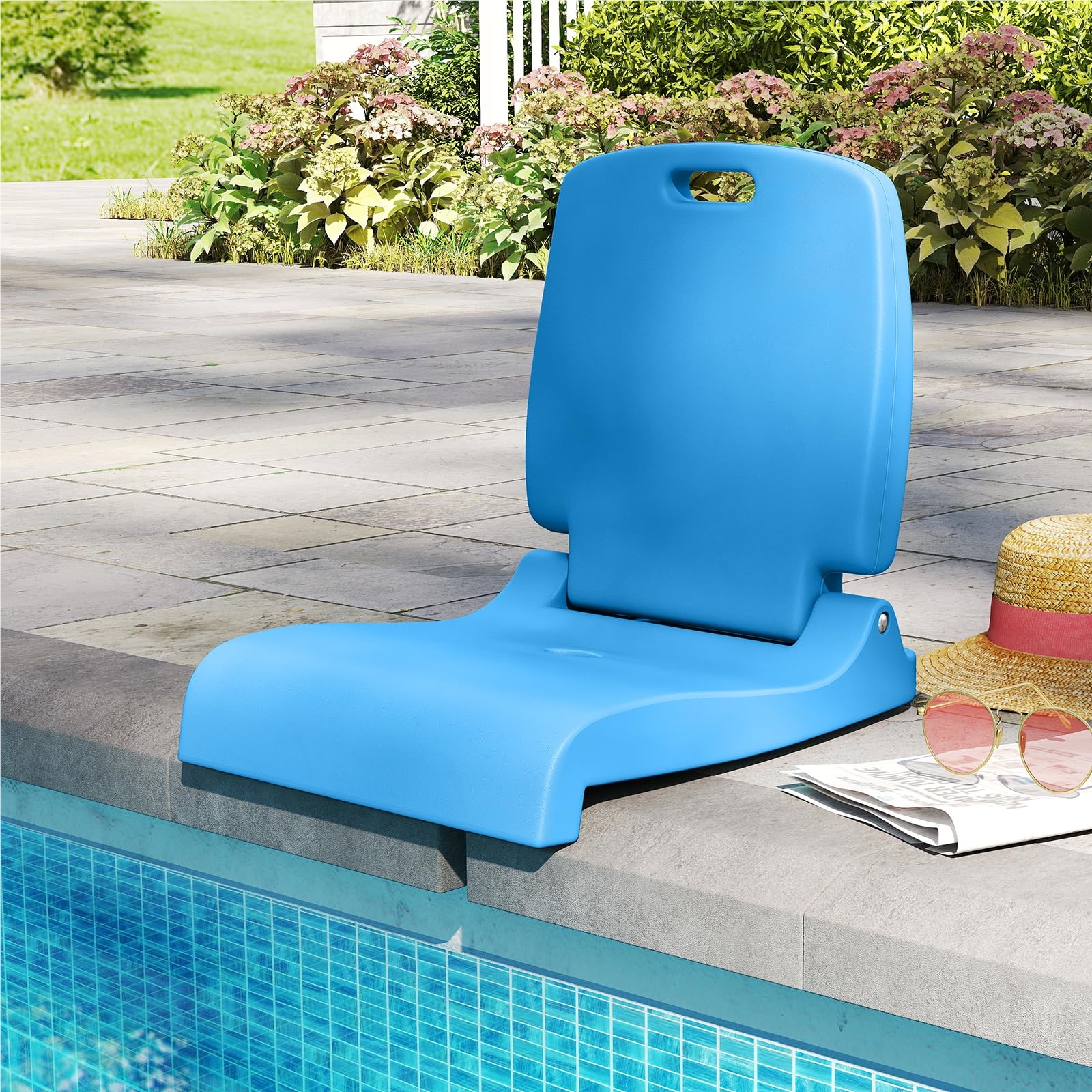 Image of Foldable Pool Chair, Portable Outdoor Chair With Handle & Backrest, Drain Hole, Pe Frame, Ground Chair For Camping, Picnic, Stadium (blue)