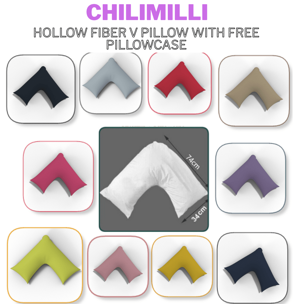 Chilimilii V Shaped Pillow With Free Pillowcase Hollow Fiber Filling for Neck, Back & Head Support 74x34cm