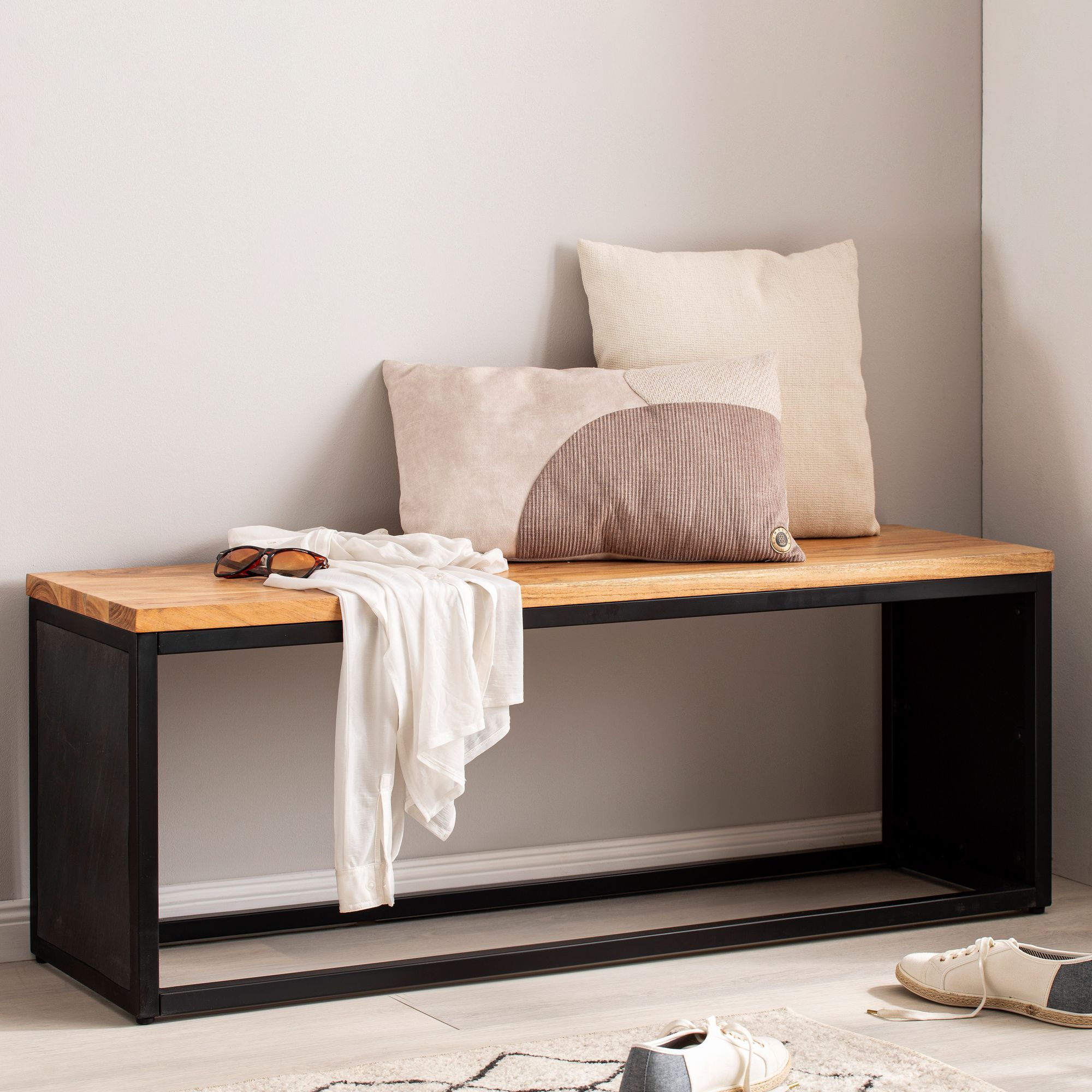 Image of Acacia Solid Wood Bench / Stone Optic 120x45x35 Cm Floor Bench With Metal Frame, Design Bed Bench Bedroom, Small Wardrobe Bench Dining Bench