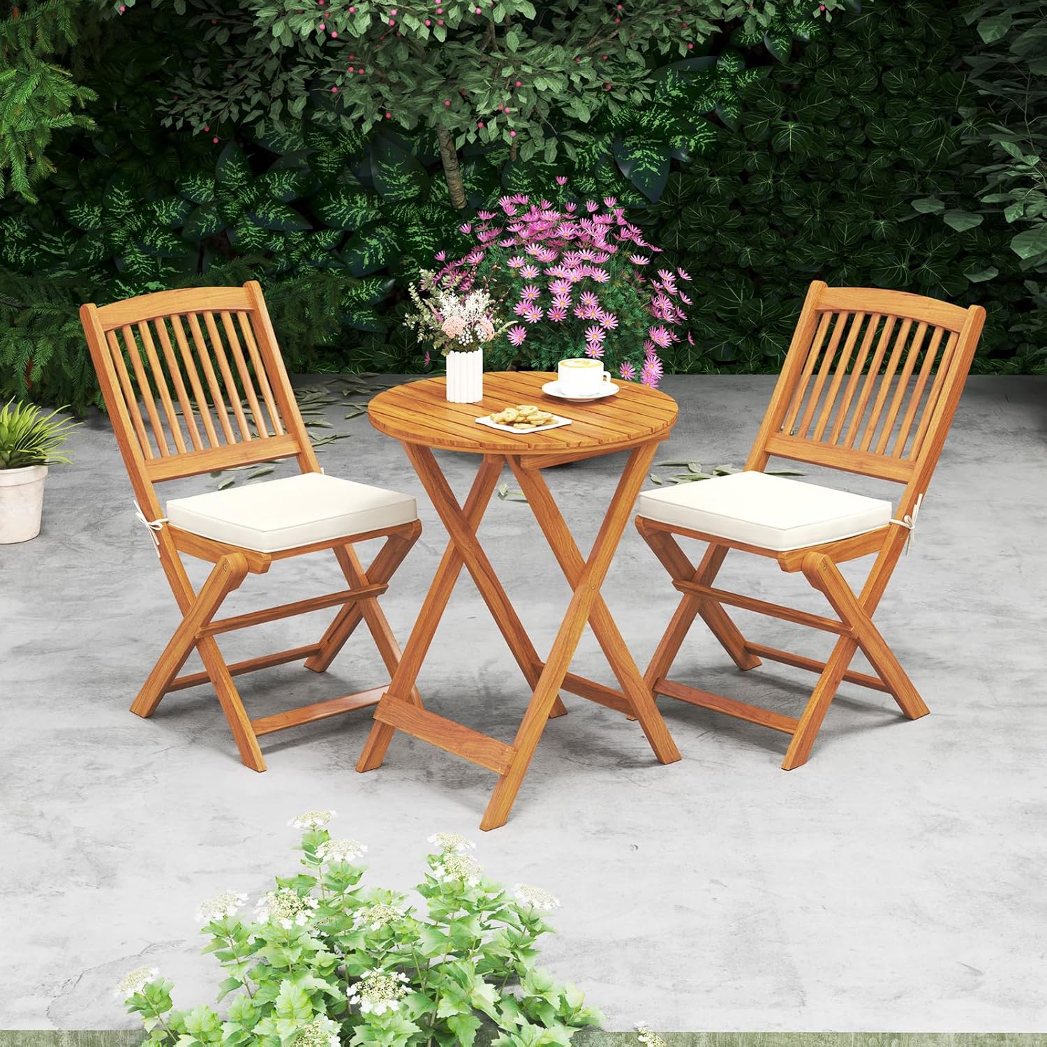3pcs Set, Folding Dining Chairs With Coffee Table, Padded Cushion Seats
