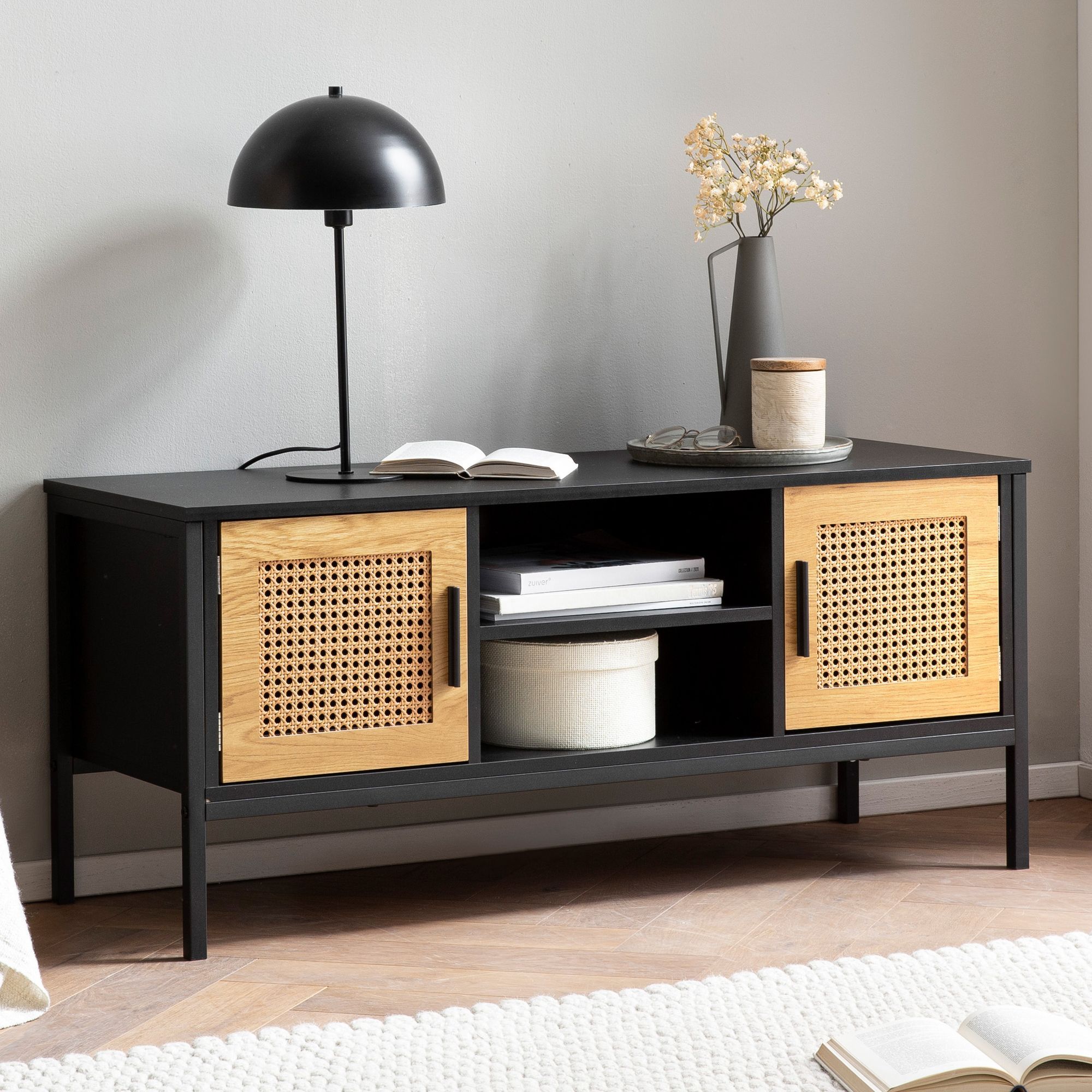 Image of Lowboard Black / Oak With Vienna Wicker 110x48x40 Cm Tv Cabinet, Tall Design Tv Stand, Tv Table With Doors, Living Room Rattan Tv Sideboard