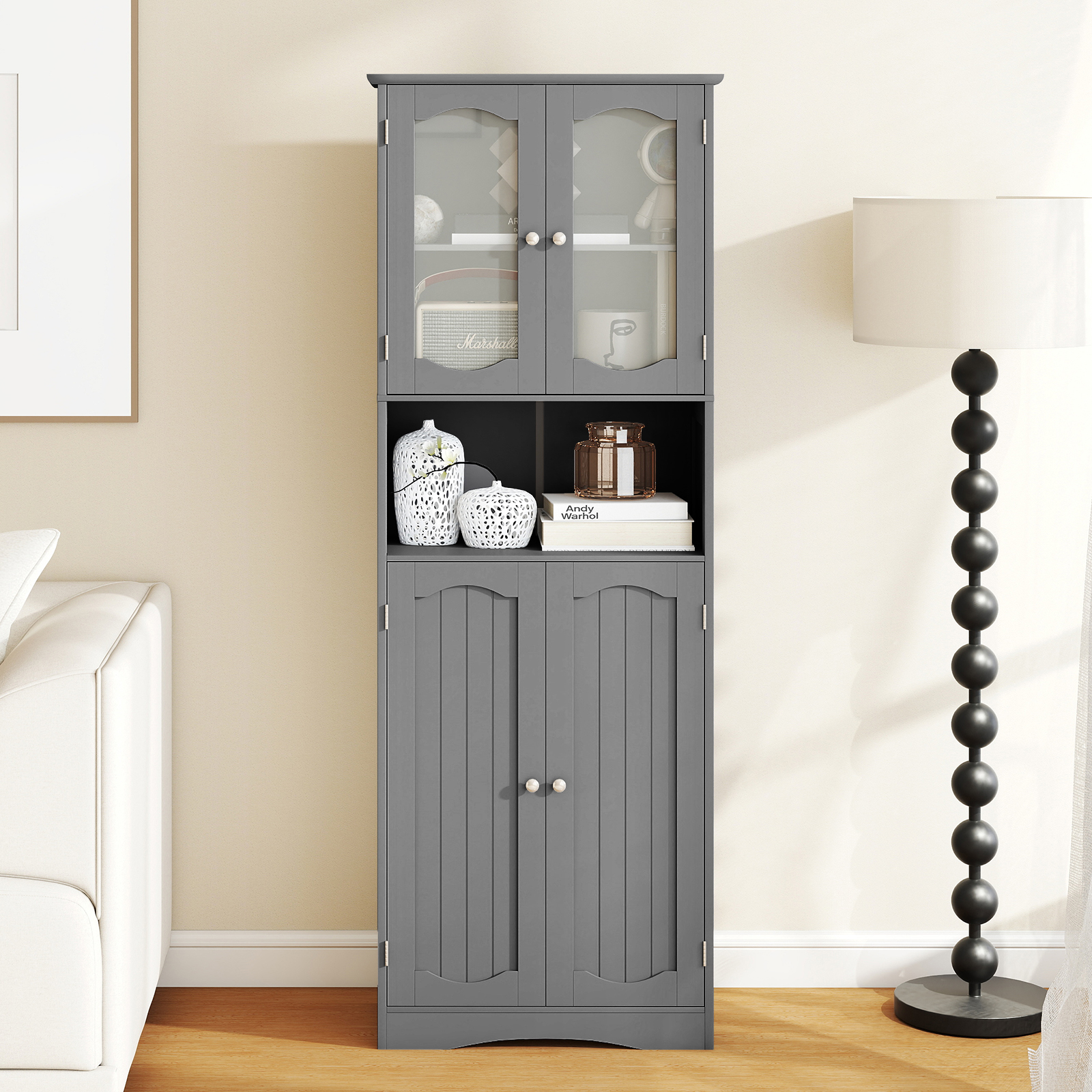 Image of 164 Cm Tall Bathroom Cabinet, Independent Storage Cabinet With Tempered Glass Doors And Adjustable Shelves, Narrow Storage Organizer For Kitchen
