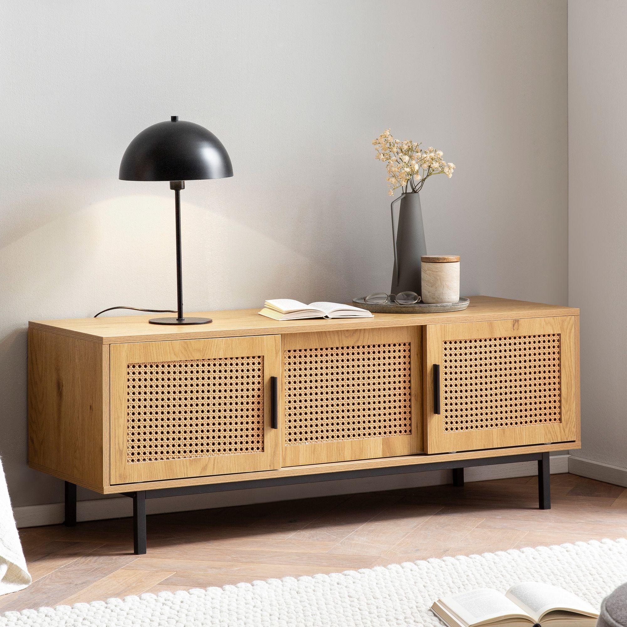 Image of Oak Decor Lowboard With Vienna Weave 120x45.5x40 Cm Designed Tv Cabinet With Sliding Doors, Cabinet, Tv Table, Tv Cabinet, Living Room Rattan