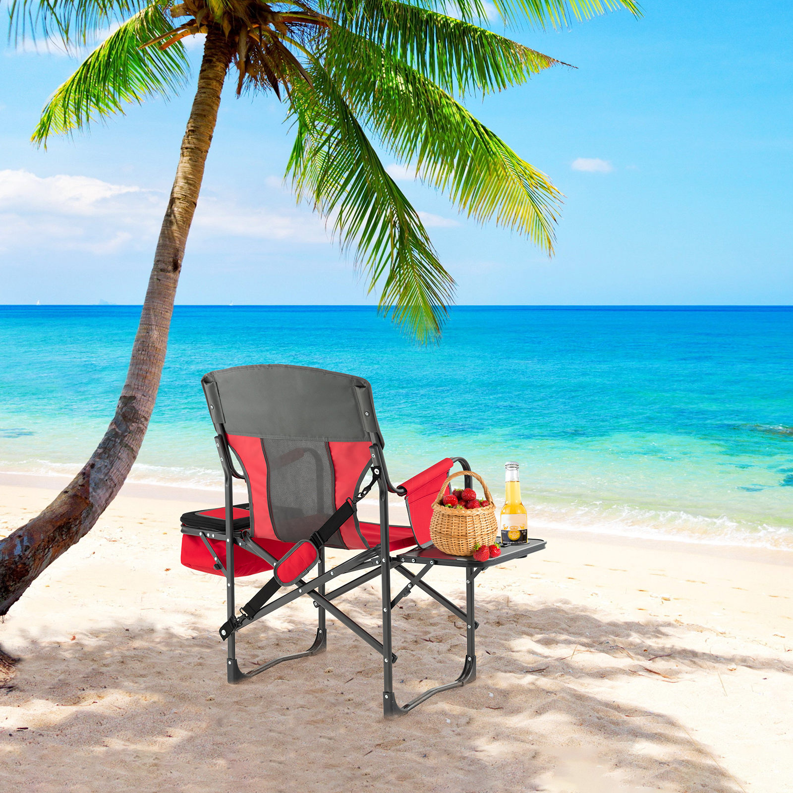 Folding Camping Chair, Outdoor Folding Chair With Side Table, Side Pocket And Cooler Bag
