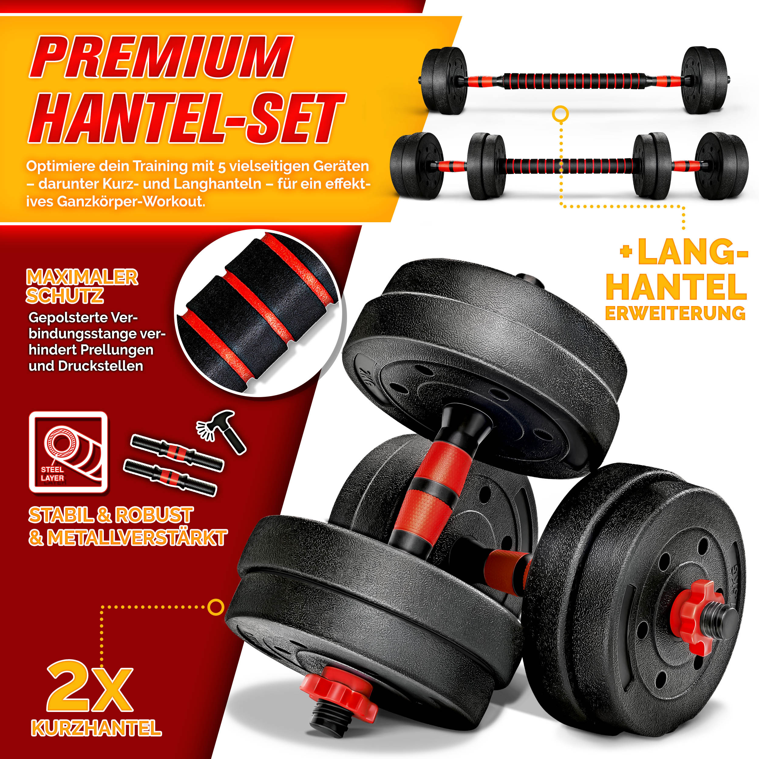 RE:SPORT 2-in-1 Dumbbell Set 20 kg | Verstelbare Dumbbell Set | Korte Dumbbell & Lange Dumbbell | Sterluchtingen & Verbindingsbuis