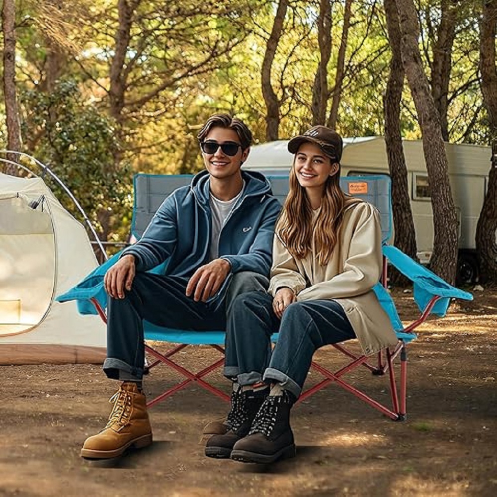 Oversized 2 Person Folding Camping Chair, 600 Lbs Capacity Heavy Duty Armchair With Adjustable Armrests Cup Holders