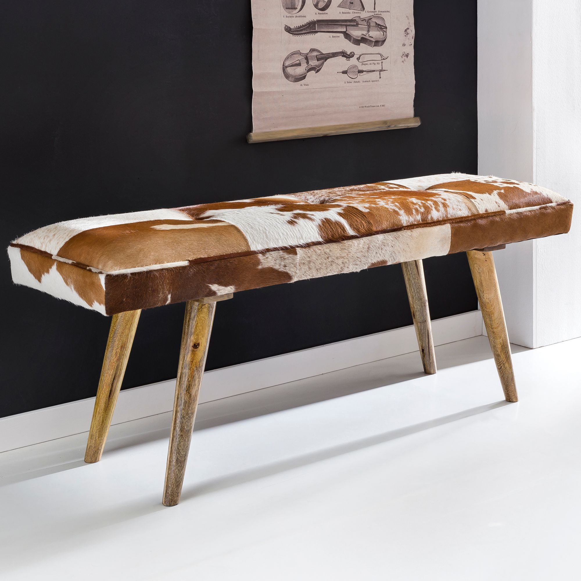 Image of Benches Goat Hair / Solid Wood Bench 120 X 40 X 52 Cm, Upholstered Bench Hall Dining Room Brown, Small Bed Bench Fur, Parquet Furniture Hall Bench