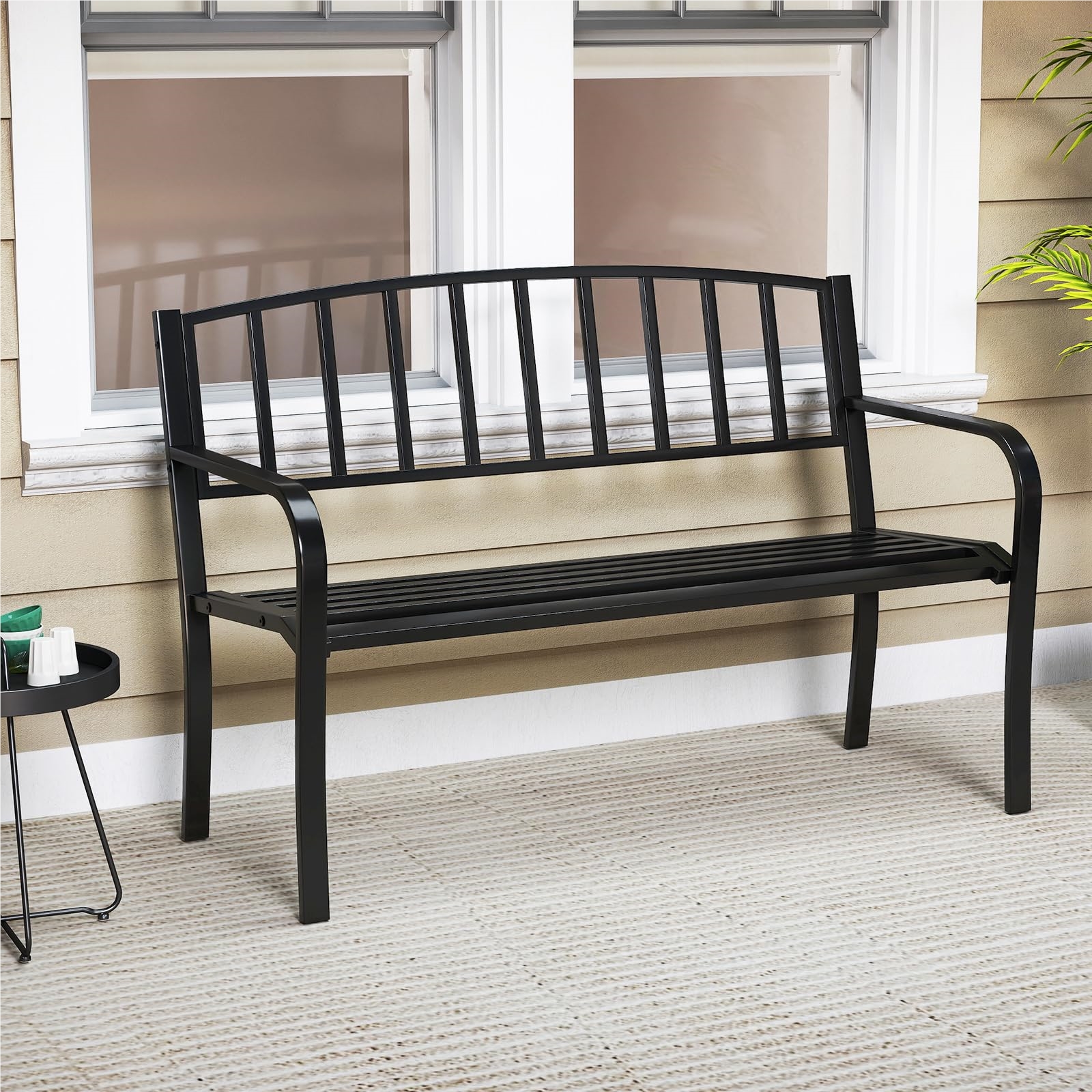 Image of Weatherproof Metal Garden Bench For 2 People, With Backrest & Armrest, Iron Bench For Garden, Terrace, Balcony, 127 X 59 X 85.5 Cm, Load Capacity Up To 300 Kg
