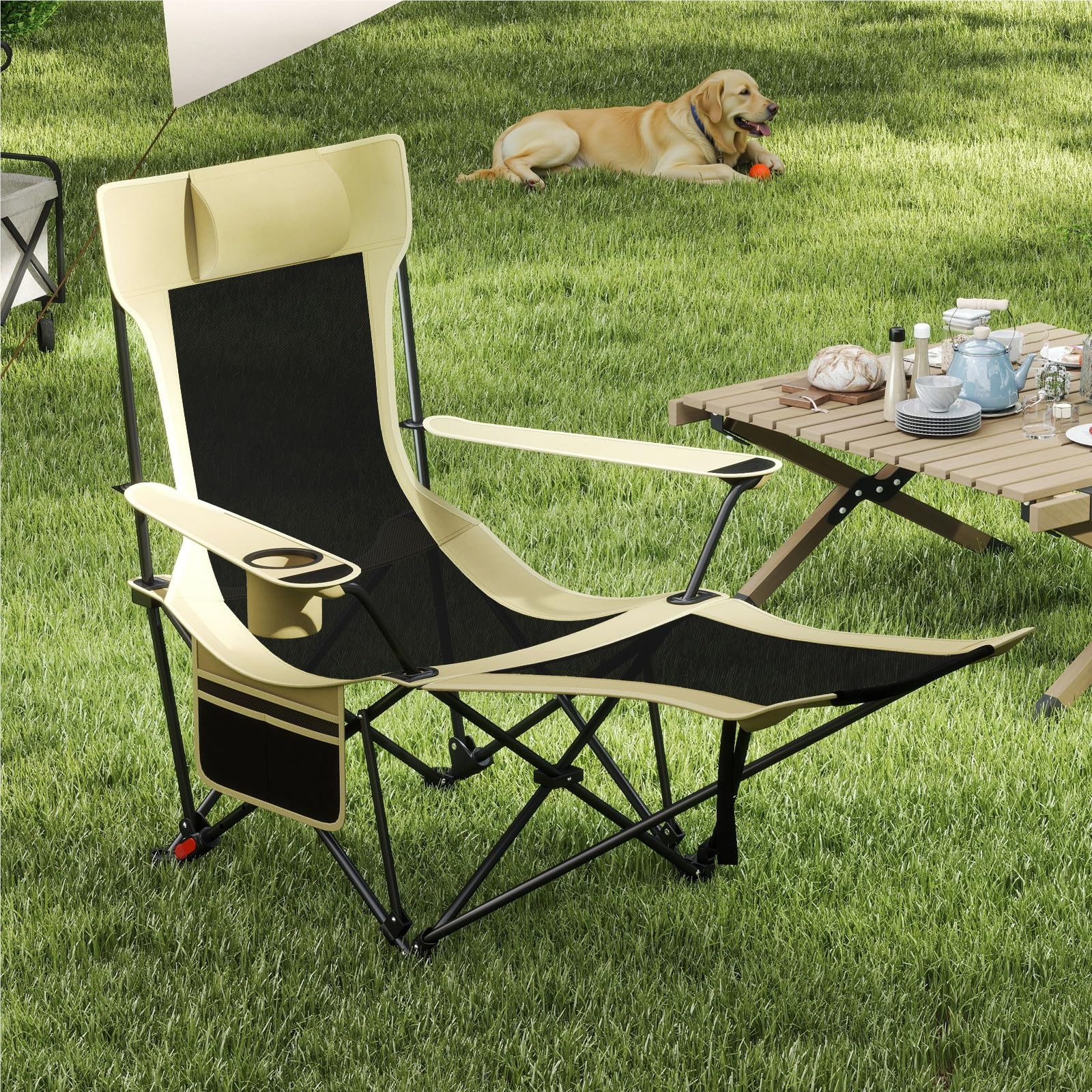 Image of Camping Chair With Removable Footrest, Folding Fishing Chair With Adjustable Backrest, Headrest, Cup Holder & Side Pocket, Folding Chair For Camping, Fishing (khaki)