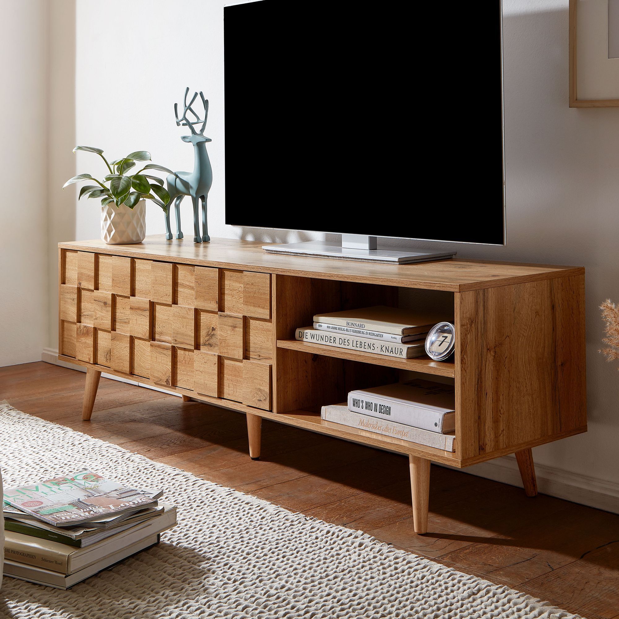 E-shop Lowboard Holz Eiche-Dekor 160x51x40 cm TV-Kommode mit zwei Türen, Design TV-Schrank Hoch, Fernsehtisch Fernsehschrank Modern, Fernsehkommode