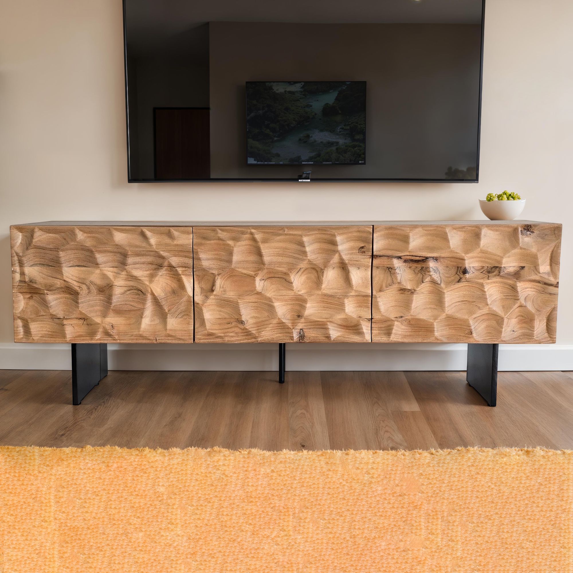 Image of Lowboard Acacia Solid Wood 160x56x37 Cm Tv Cabinet With , High 3d-optic Design Tv Cabinet, Tv Table Tv Cabinet Modern, Tv Cabinet Living Room With Metal Legs
