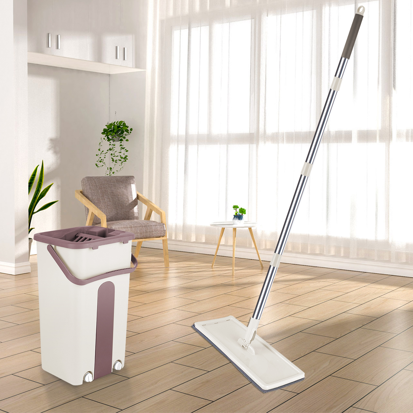 E-shop Mikrofasermopp mit Eimer Flach Mopp mit 2 Wiederverwendbare Tuch Bodenreinigung Khaki