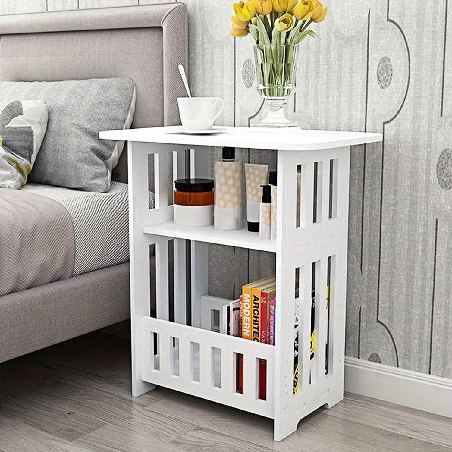 E-shop 3-stöckiger Beistelltisch 49x46x29cm - Moderner Holz-Nachttisch für Schlafzimmer, Wohnzimmer und Flur, Einfache Montage Kaffeetisch