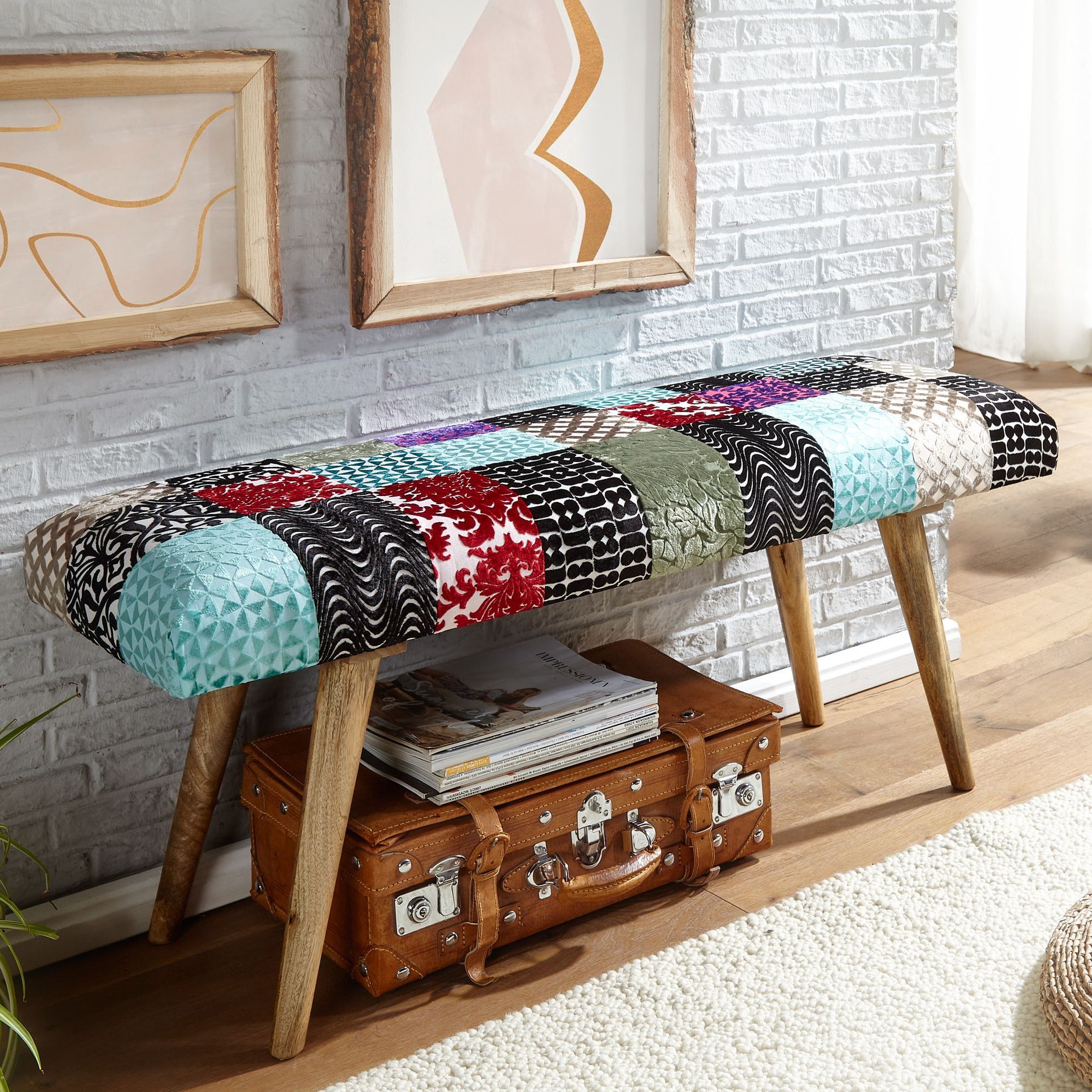 Image of Velvet/solid Wood Bench, Colorful 117x51x38 Cm Bench, Upholstered Hallway Bench, Padded Fabric Bench For Dining Room, Backless Hallway Bench