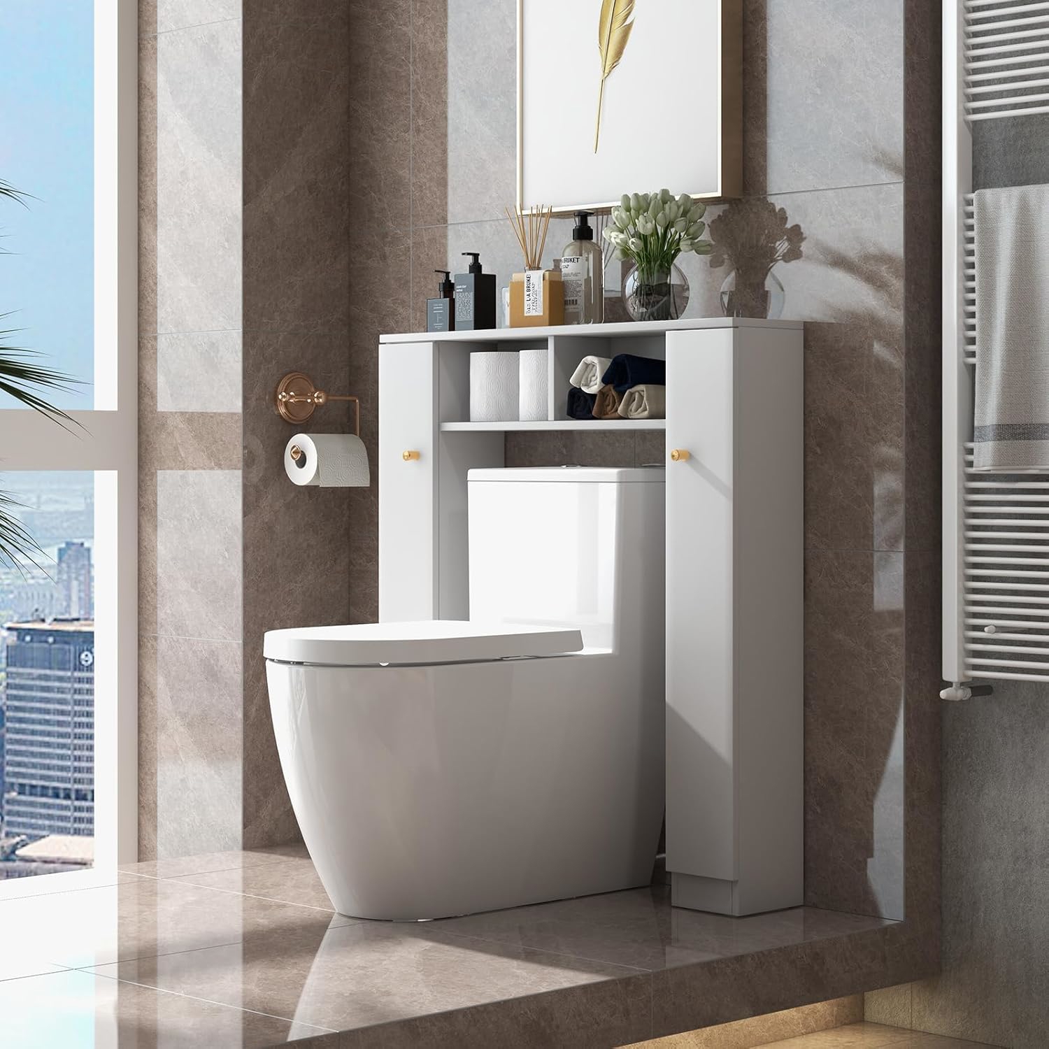 Image of Over The Toilet Storage Cabinet, Double Door Bathroom Toilet Storage Organizer Open Compartments And 4 Adjustable Shelves