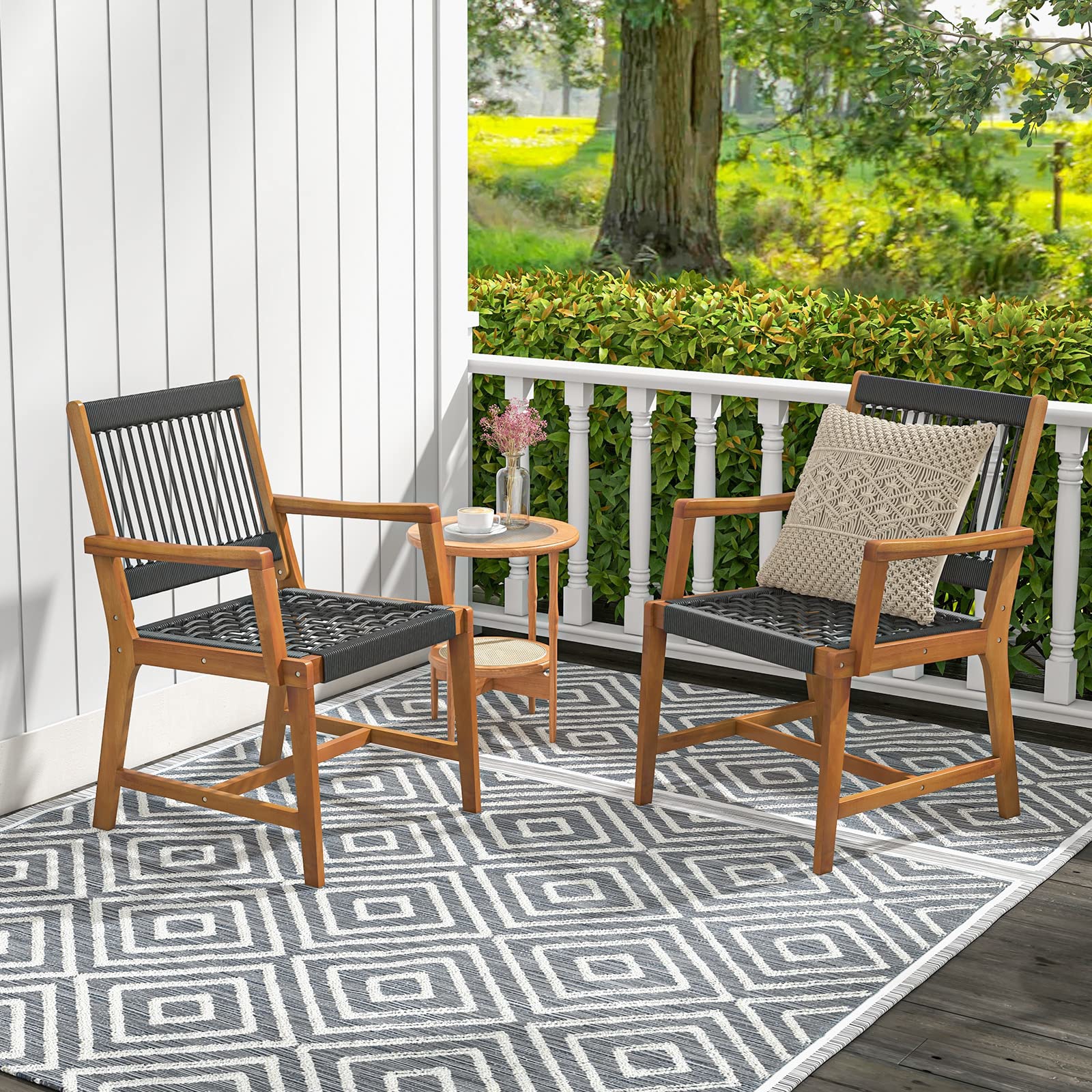 Image of Garden Chairs Set Of Two, Dining Chairs Made Of Weather-resistant Plastic Rope And Acacia Wood
