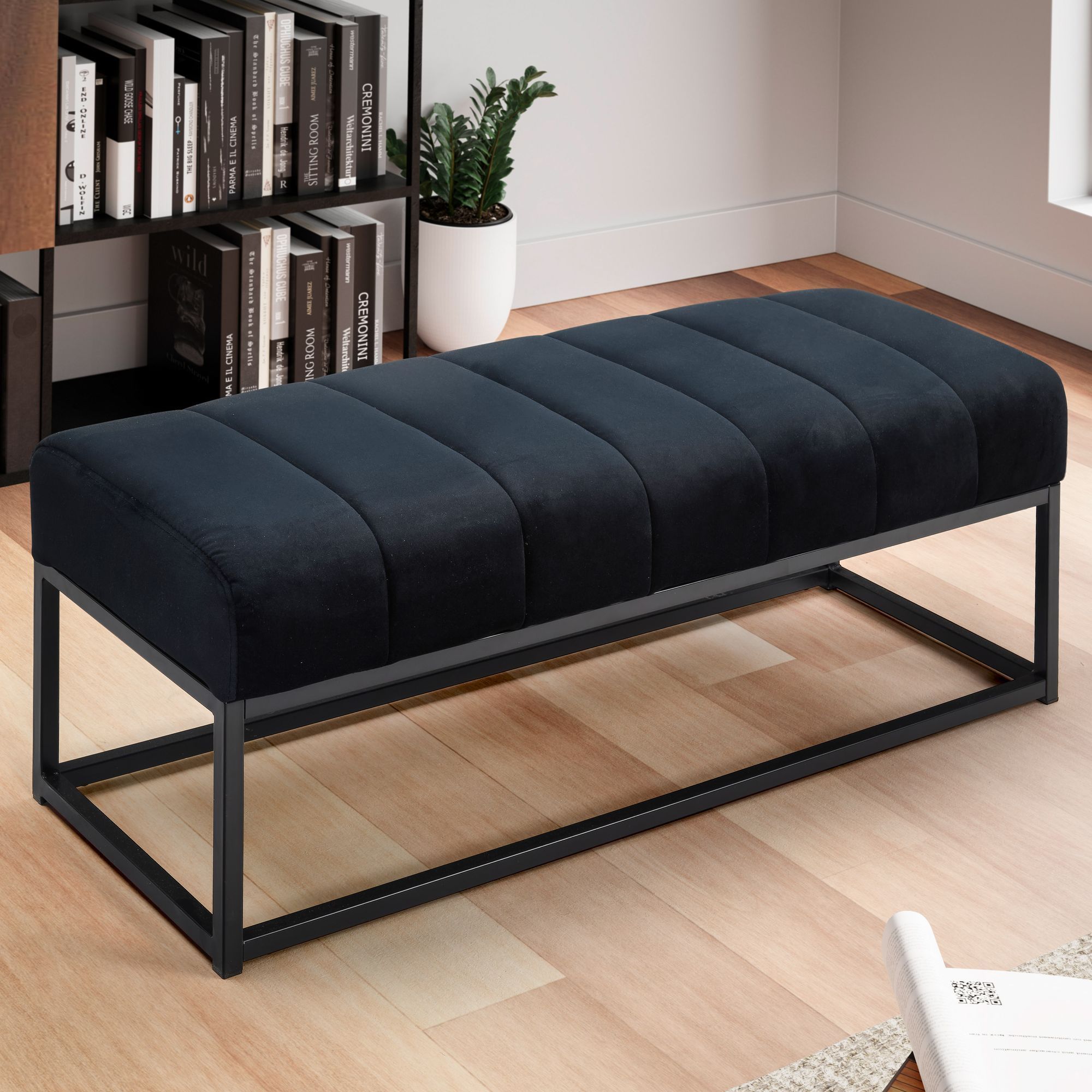 Velvet Bench 108x40x40 Cm, Upholstered Bench With Metal Frame, Quilted Design Bedroom Bench, Modern Hallway Bench, Wardrobe Bench