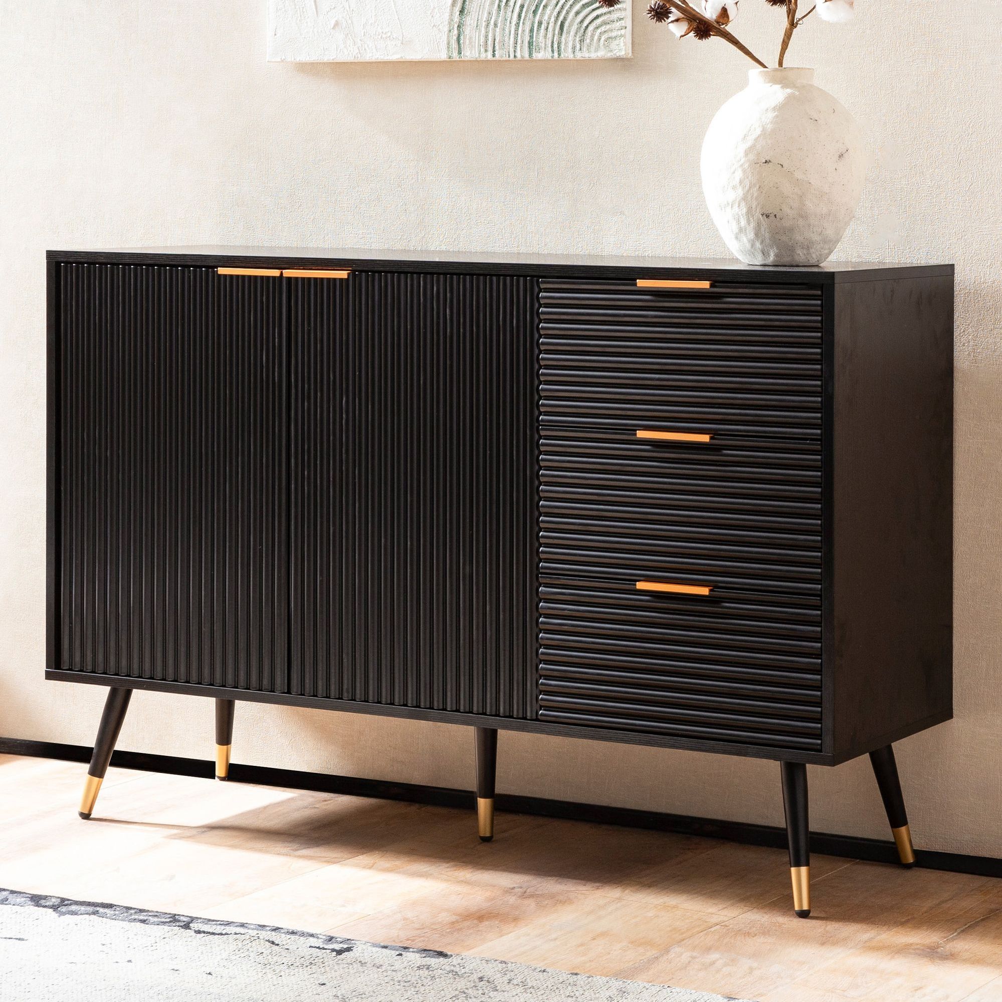 Image of Sideboard 120x80x40 Cm, -effect Sideboard With Doors And Drawers, Modern Hall Cabinet, Living Room Sideboard With Metal Legs