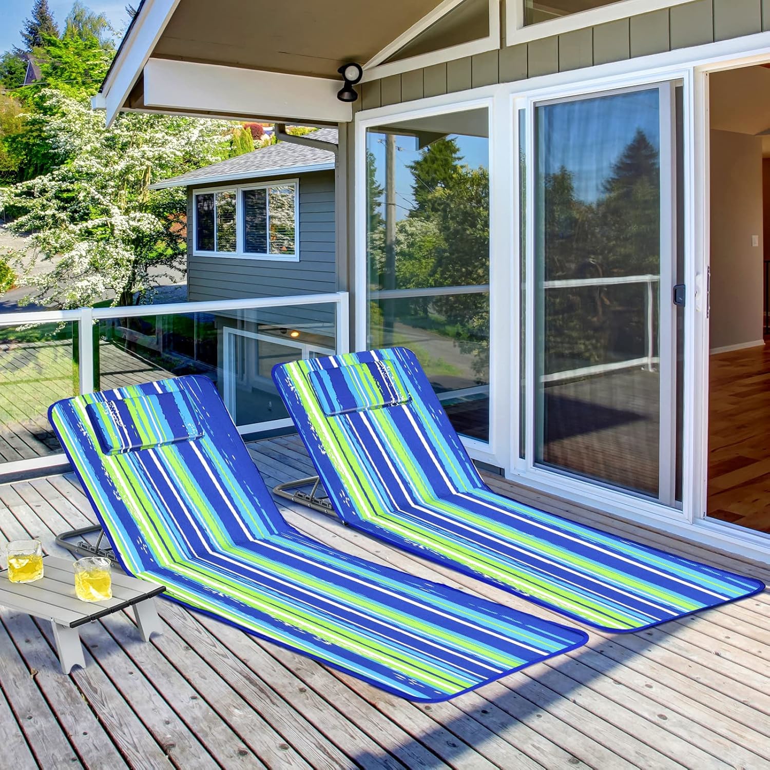 Folding Beach Mat Set Of 3 With 2 Lounge Chairs And Side Table, Adjustable Beach And Lawn Lounge Chair