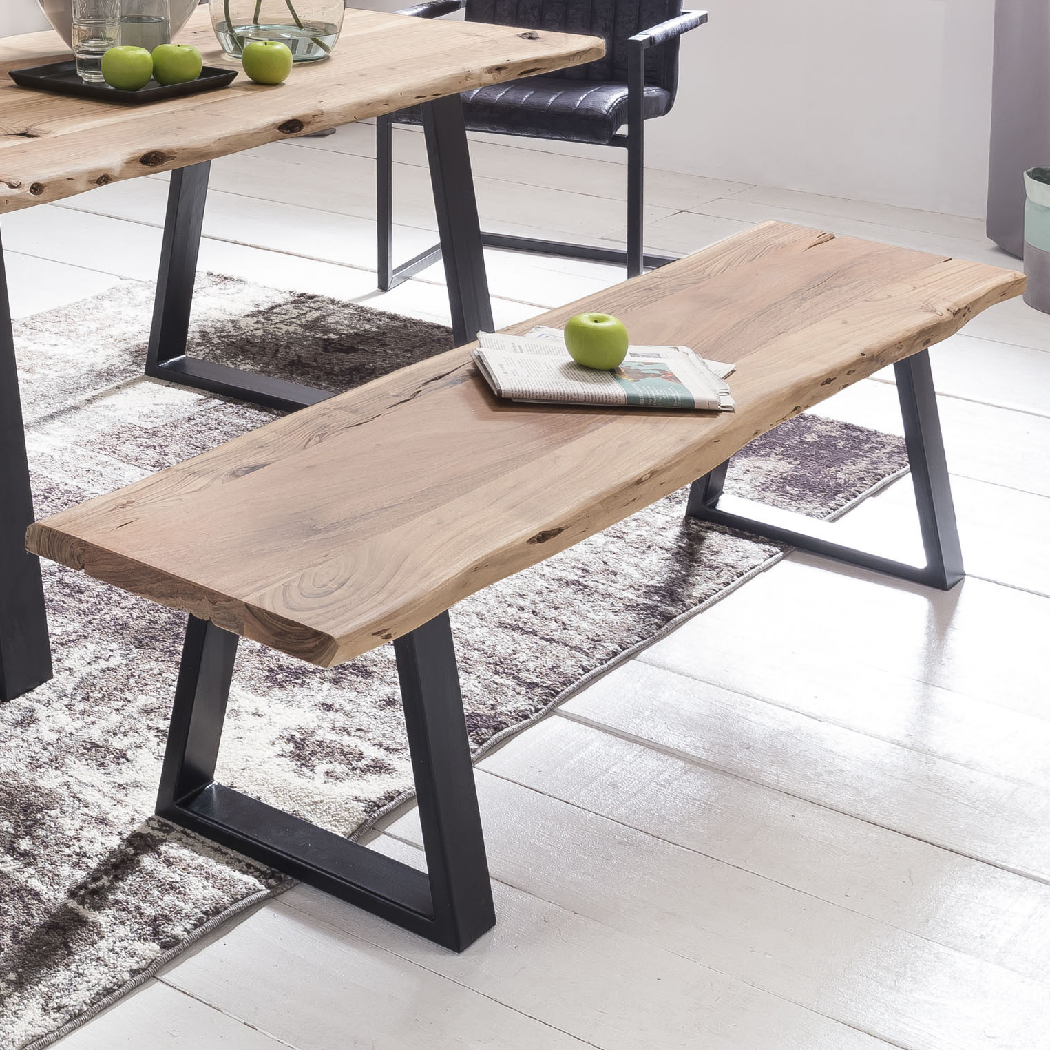 Image of Dining Room Bench Fb51969 Tree Trunk Solid Wood Acacia 160 X 45 X 40 Cm, Natural Wood Kitchen Bench With High Stability, Solid Wood Dining Bench With Tree Edge, Wooden Bench In Country House Style