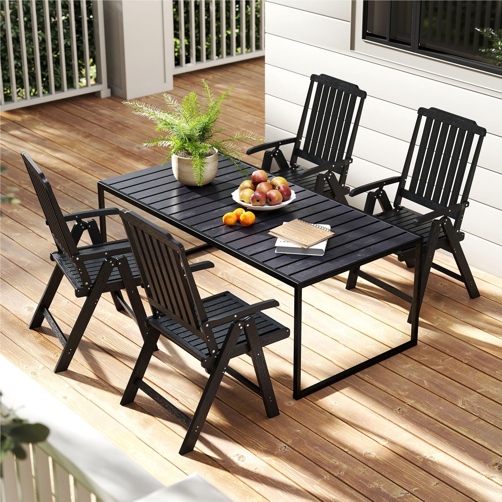 Image of Folding Garden Chair, High-back Folding Plastic Chair, Weather-resistant Balcony Chair With Wood Look, Patio Chair With 150 Kg Weight Capacity, For Garden, Terrace, Balcony (black)
