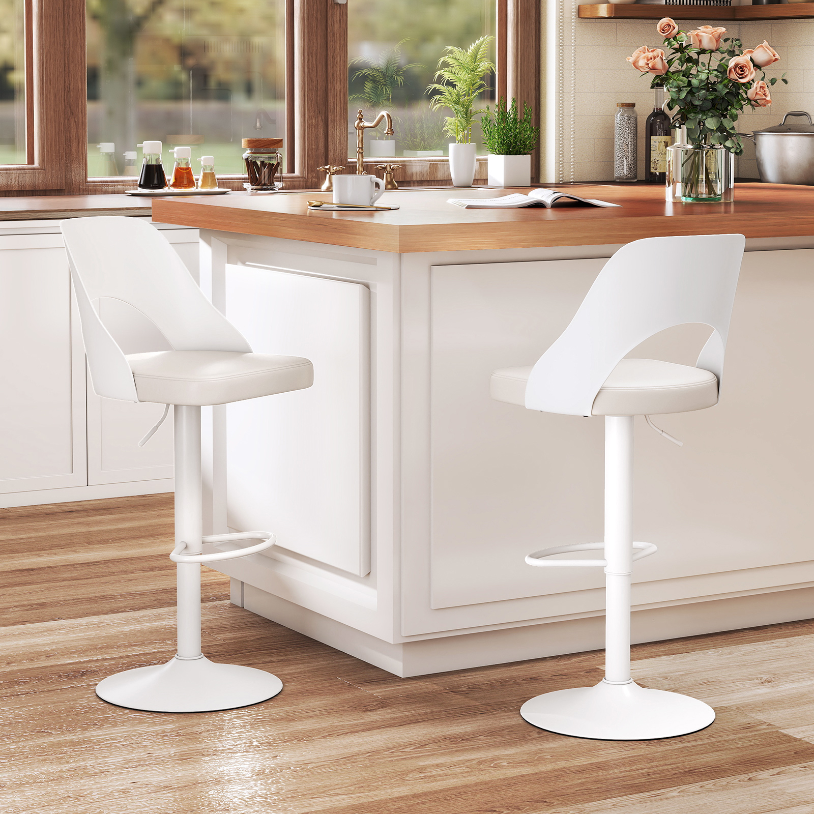 Image of Bar Stools Set Of 2, Ergonomic Counter Height Stools With Enlarged Leather Seat, Footrest, Modern Swivel Bar Chairs