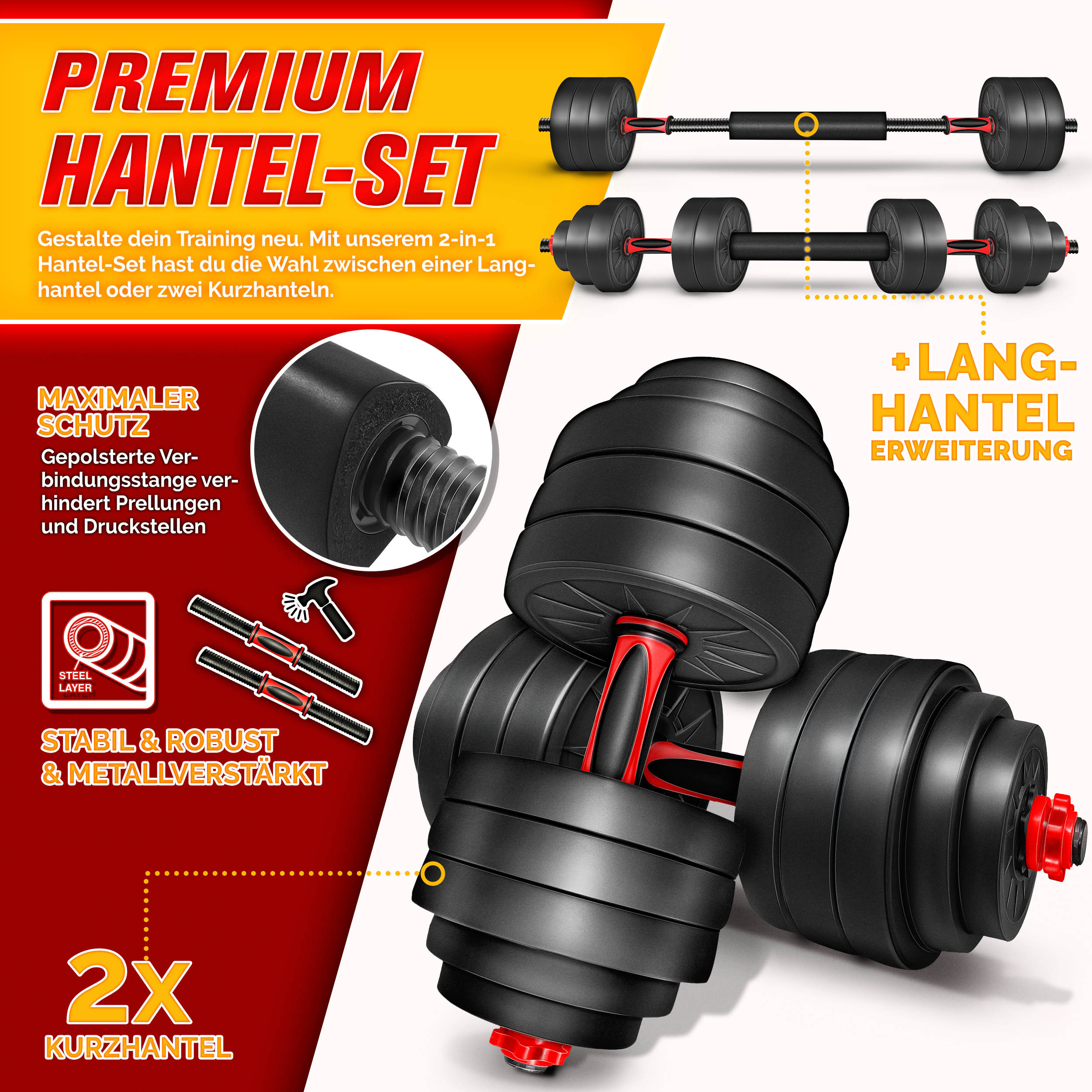 RE:SPORT 2-in-1 Dumbbell Set 20 kg | Verstelbare Dumbbell Set | Korte Dumbbell & Lange Dumbbell | Sterluchtingen & Verbindingsbuis