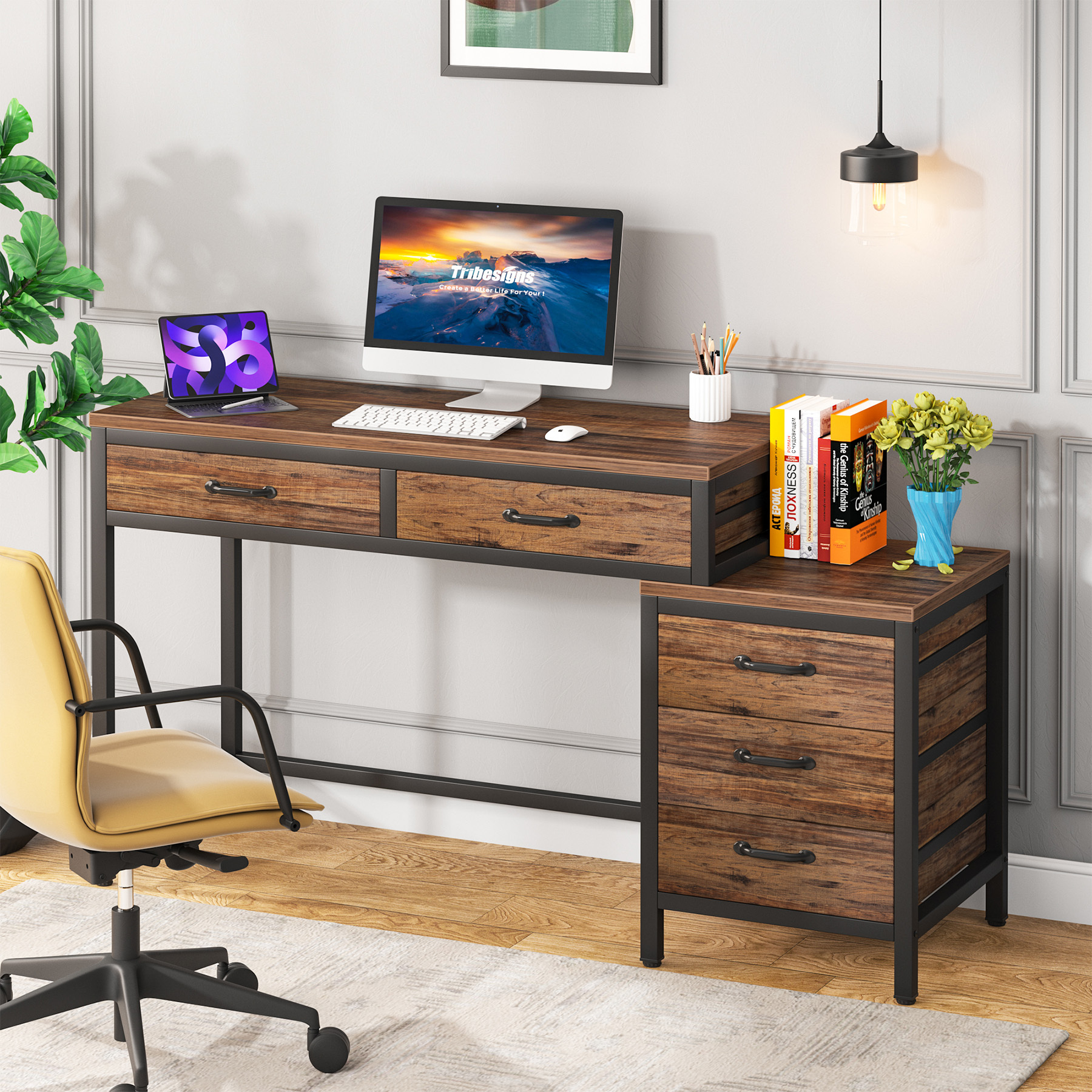 Large Space Desk With 5 Drawers, Suitable For Home Computer Desk, Desk, Study Desk, Used As A Dressing Table, Multifunctional And Practical Wooden Desk.
