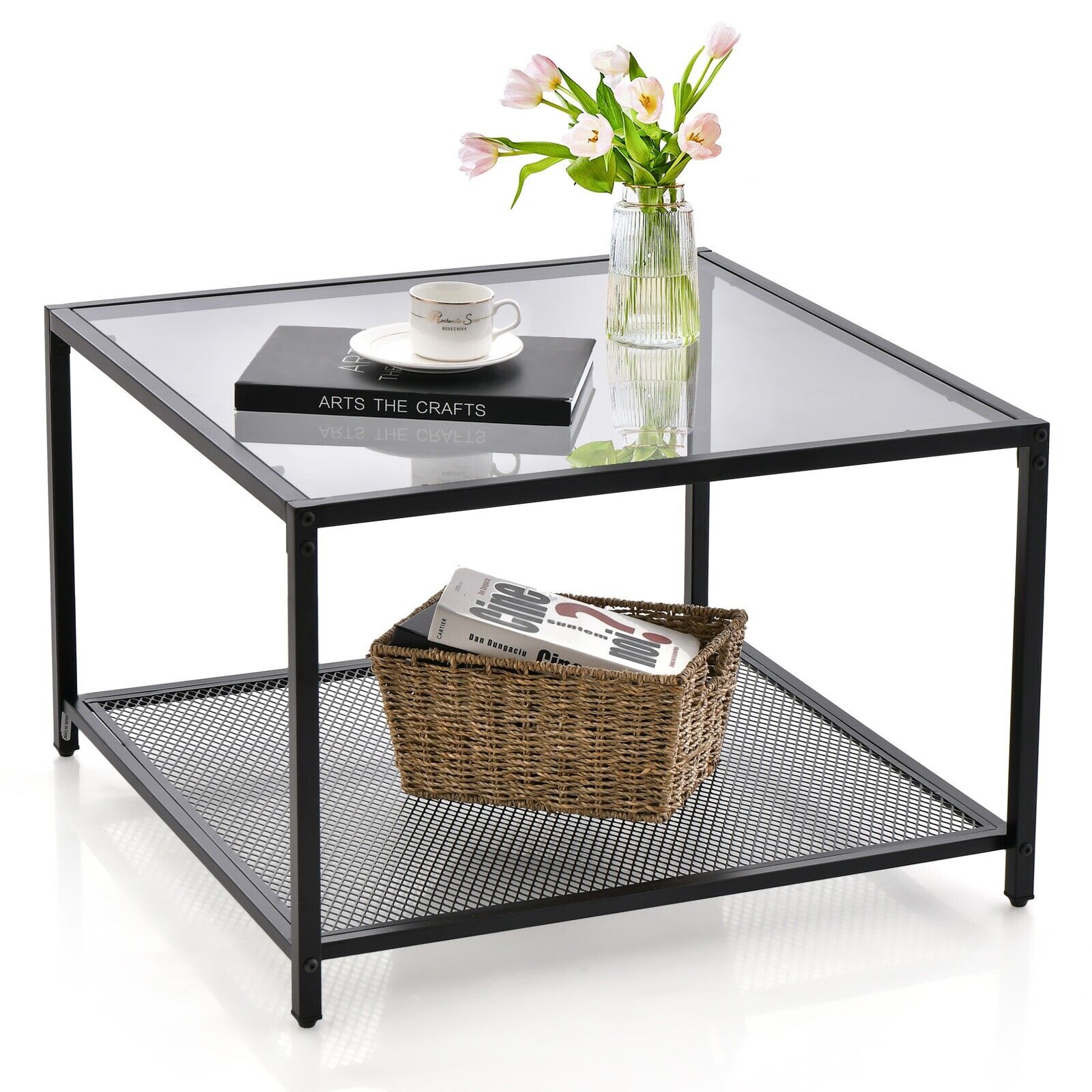   tempered glass coffee table with storage 2 tier center table with mesh shelf square cocktail table modern accent tea table for living room home office small space