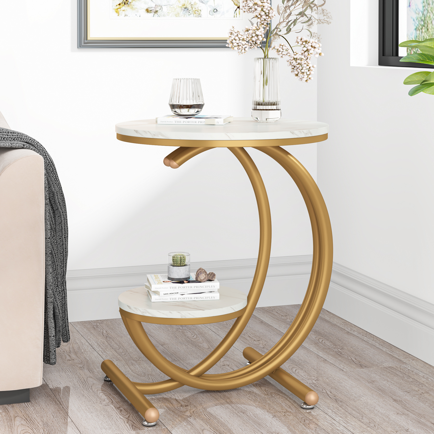 Image of Modern Side Table, Artificial Marble Tabletop, Living Room Metal Leg 2- Table, White Gold Minimalist Small Bedroom Bedside Table.