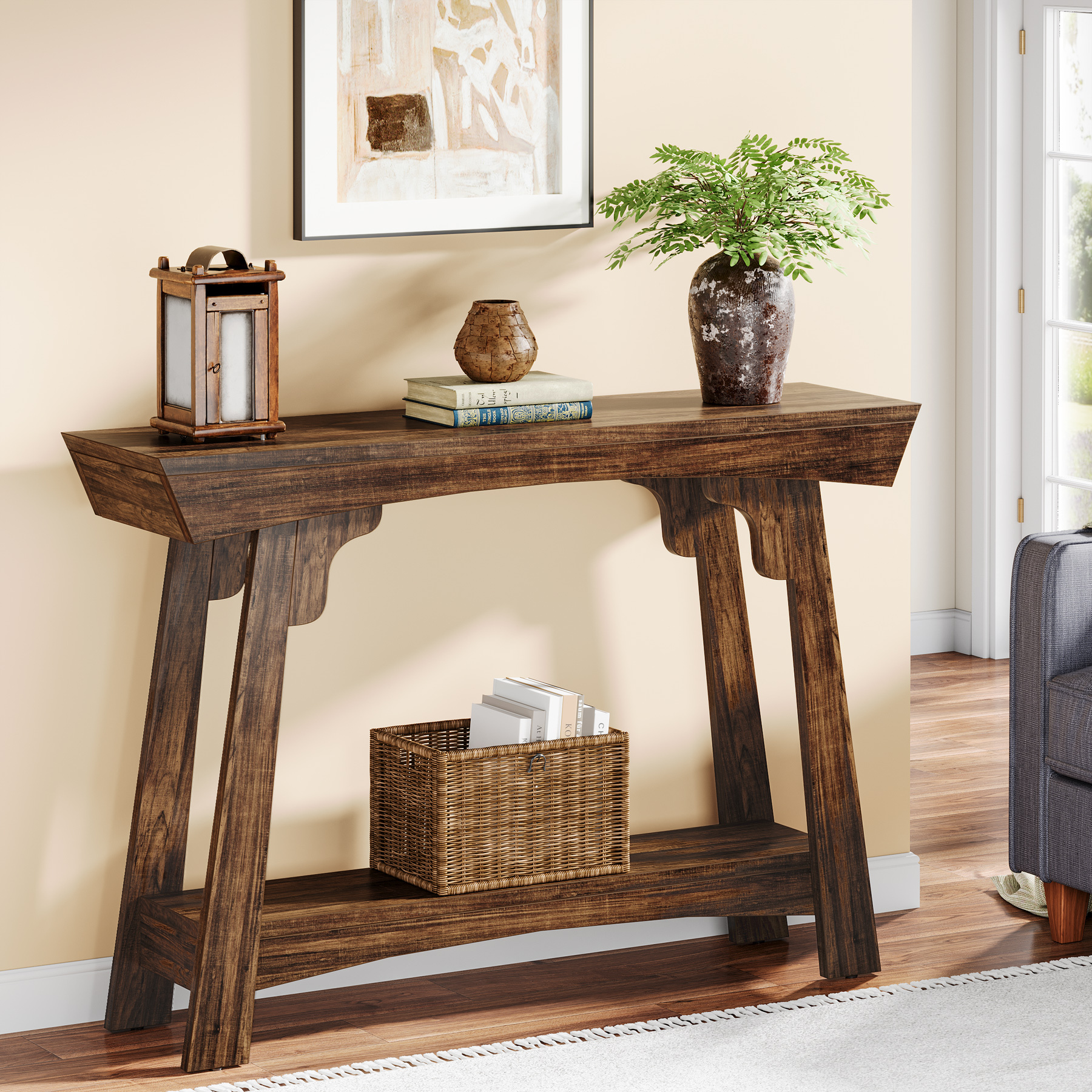 Image of 105cm Foyer Table, Double Layered Farmhouse Narrow Shelf, Small Decorative Table Room, Practical Sofa Table, Suitable For Multifunctional Foyer Tables Room, Hallway, And Foyer.