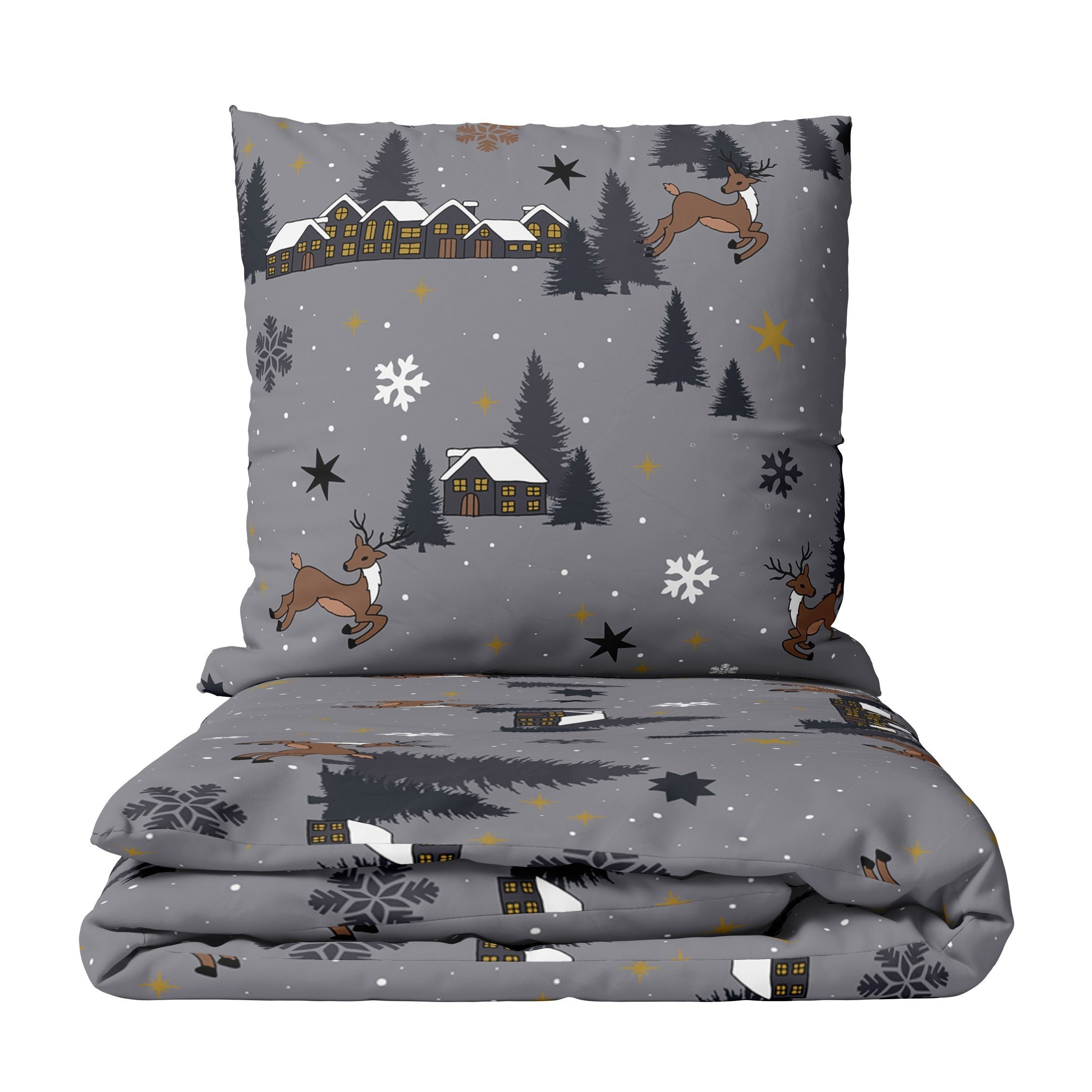 Image of Winter Bedding Set 135x200 Cm Snowflakes Stars With Zipper Cozy Winter Fleece Bedding Soft Christmas Winter Landscape Fluffy Warm Pillowcase 80x80 Cm