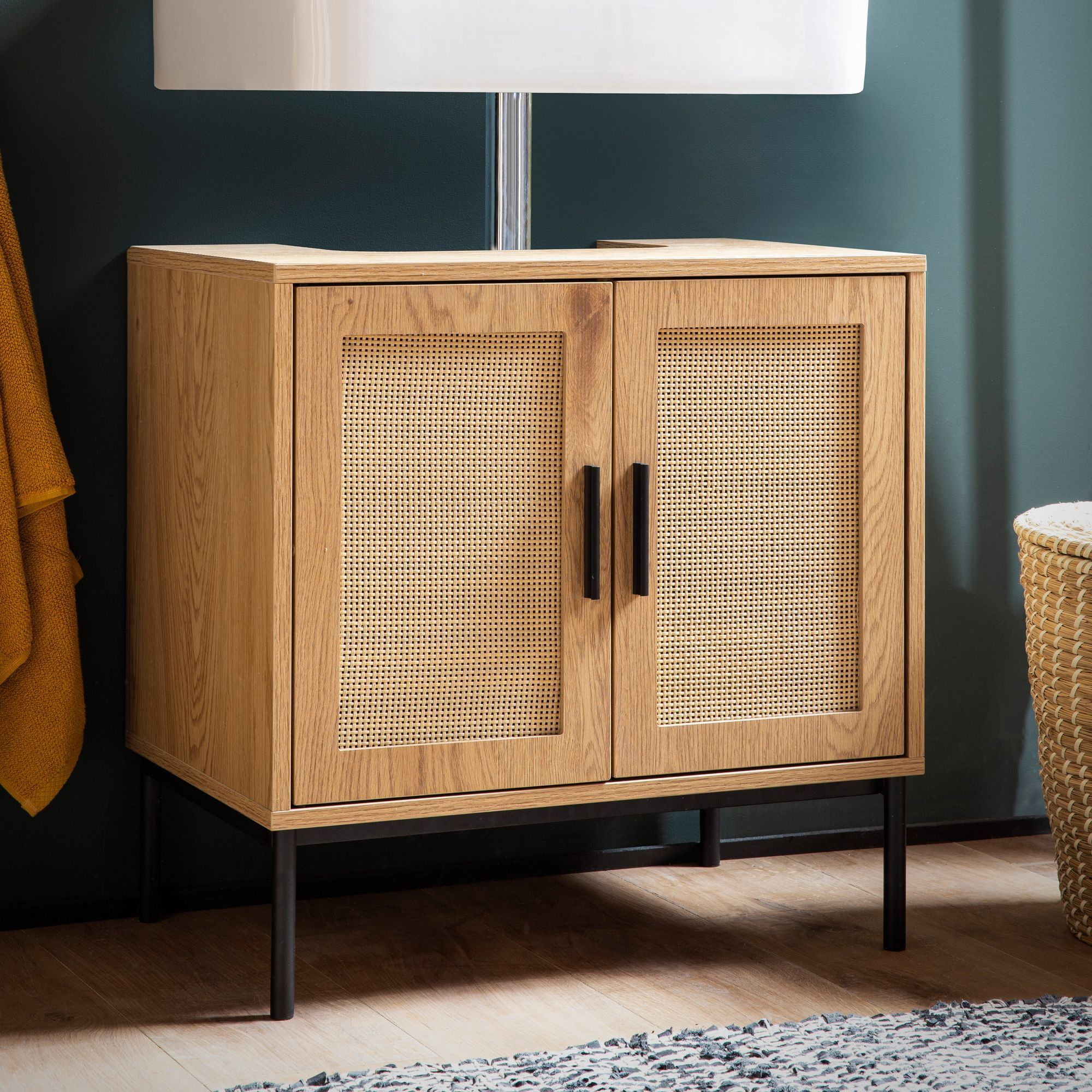 TEMU Oak-look Washbasin Cabinet 60x60x40 Cm With Doors, Rattan-woven Bathroom Cabinet, Freestanding Base Cabinet, Small Mid-height Bathroom Cabinet