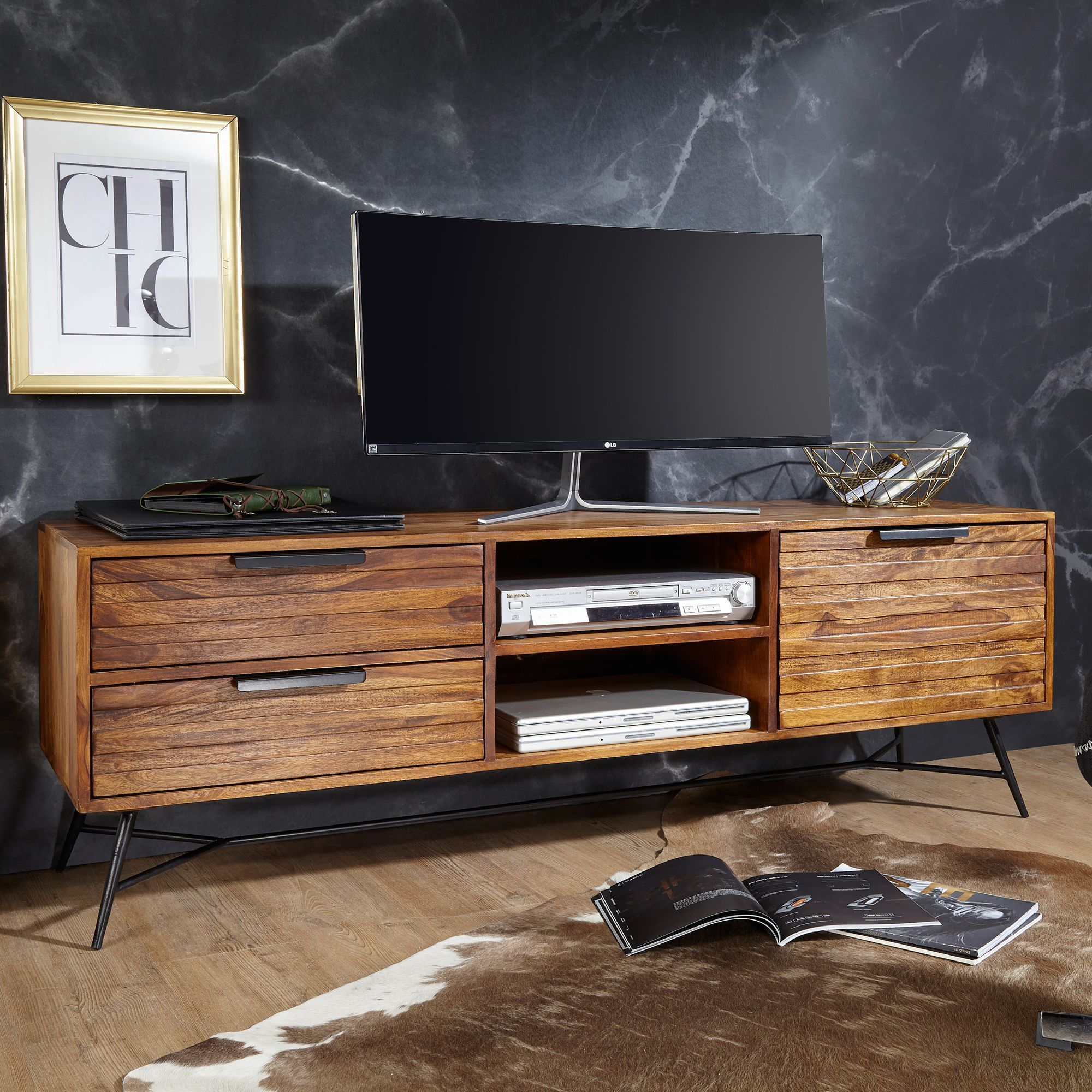 Image of Nishan Lowboard 160x54x40 Cm Solid Sheesham Wood, Design Board With Storage Space And Drawers, Solid Wood Tv Cabinet For Living Room, Industrial Tv Sideboard With Metal Legs