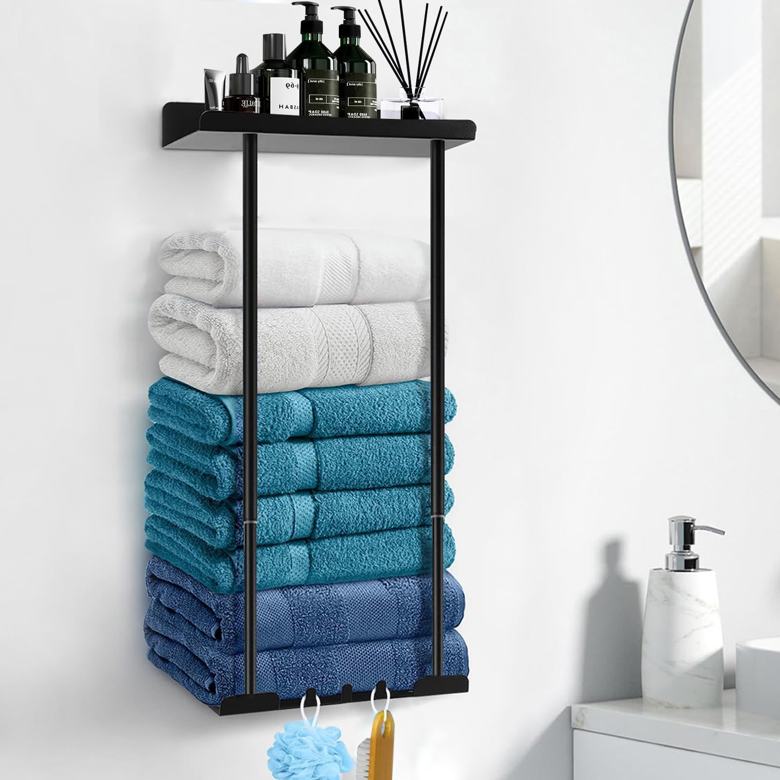 TEMU 1pc Non-drilled Towel Rack - Retractable Towel Rack, Self-adhesive Towel Rack With Shelf, Towel Rack For Bathroom Wall, 38-75cm, Towel Racks
