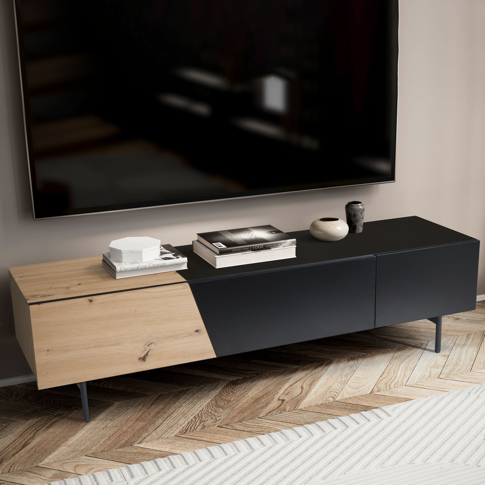 Image of Lowboard Black 150x40x40 Cm Tv Cabinet, Tv Stand, Tv Table With Doors & Drawer, Modern Living Room Tv Sideboard